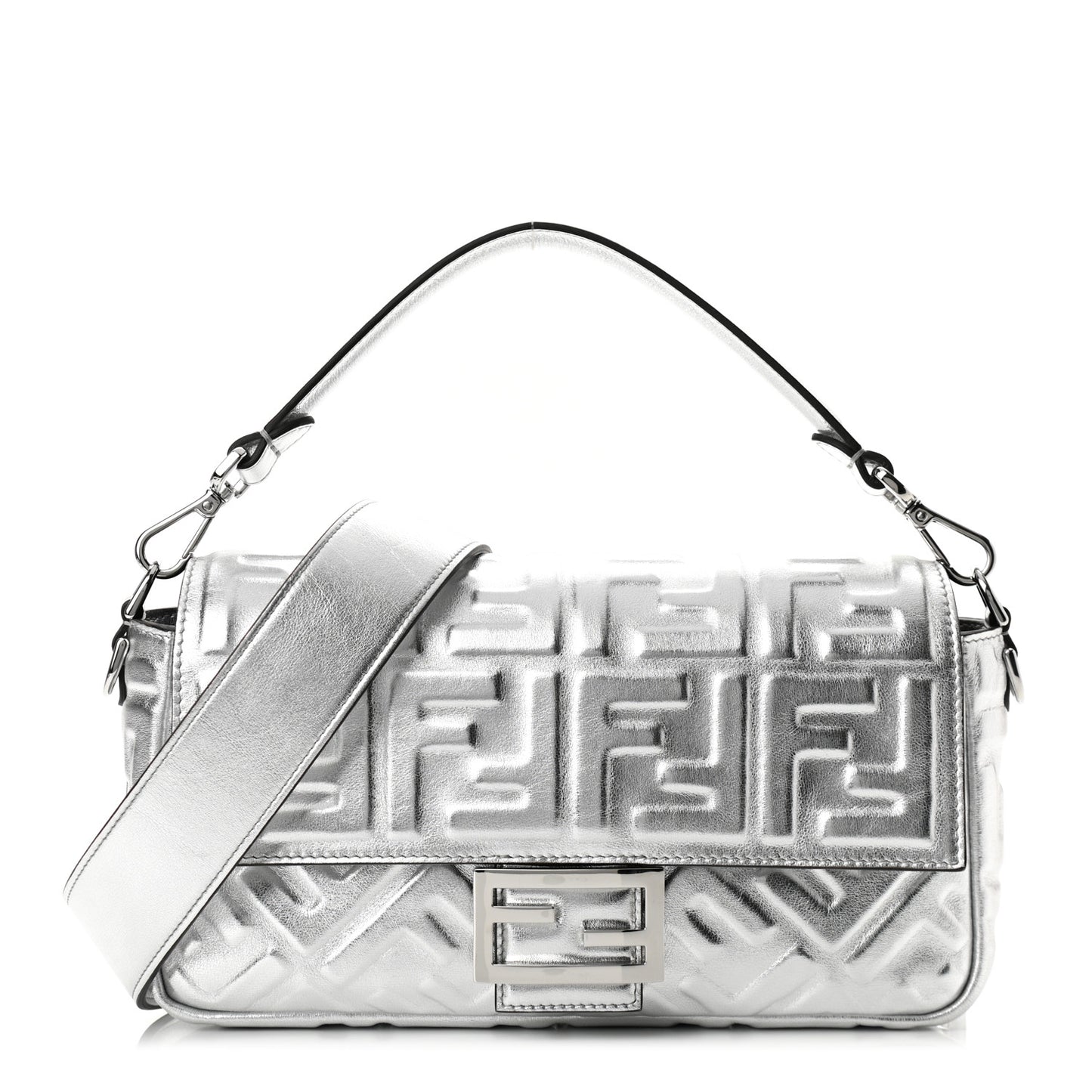 Vitello Catalan Mirror FF 1974 Embossed Baguette Argento