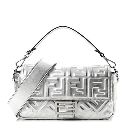 Fendi Vitello Catalan Mirror FF 1974 Embossed Baguette Argento 1 of 10