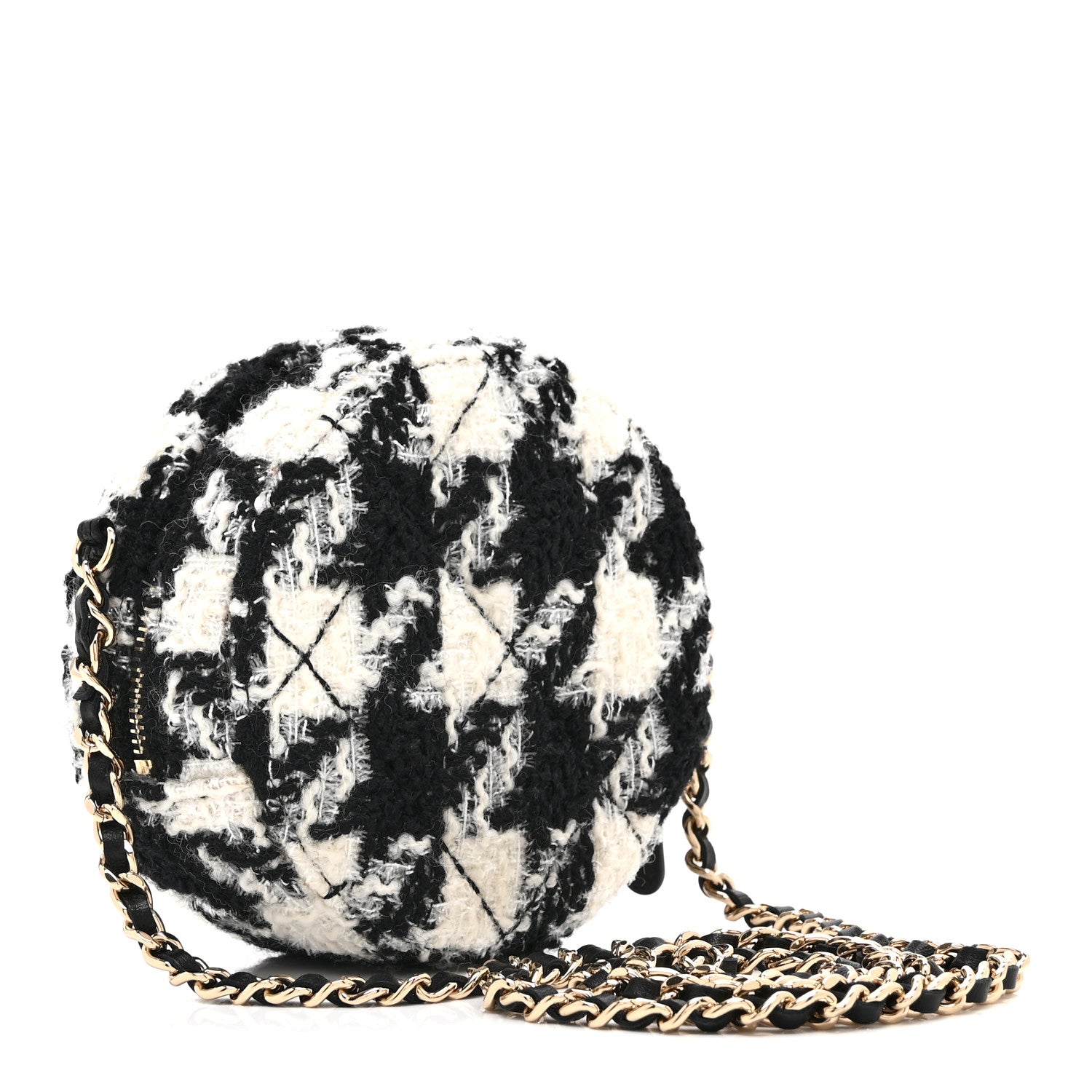 Chanel Wool Tweed Lambskin Quilted Round Clutch With Chain and Coin Purse Black White 4 of 11