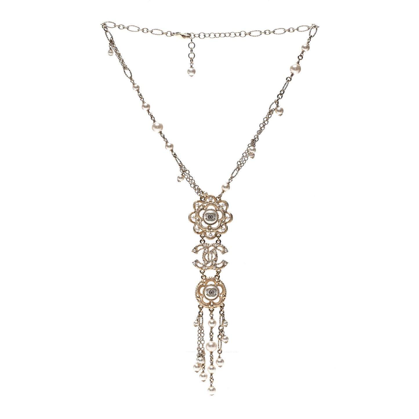 Crystal Pearl CC Multi Strand Dangle Necklace Gold