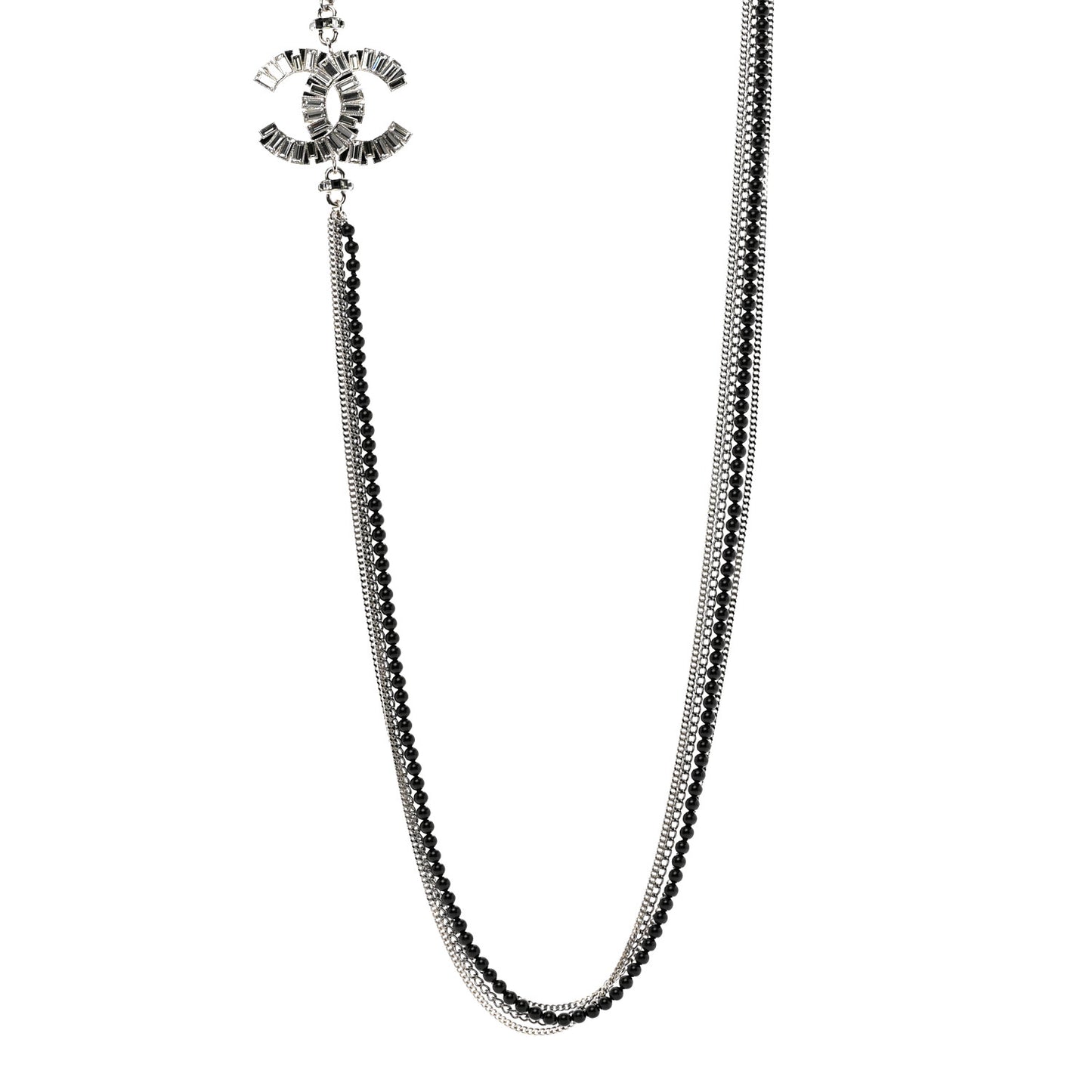 Metal Crystal Baguette Beaded CC Multi Strand Long Necklace Silver Black