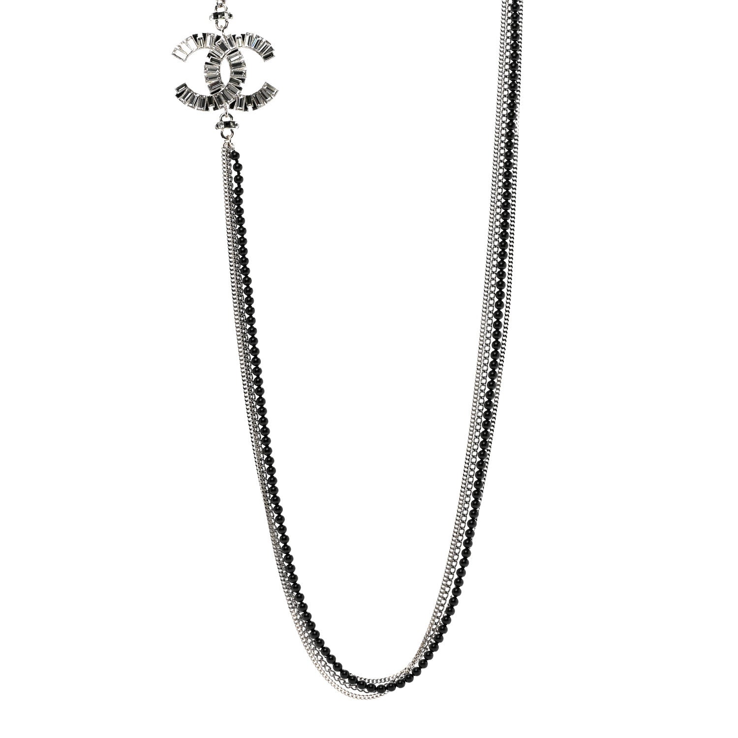 Chanel Metal Crystal Baguette Beaded CC Multi Strand Long Necklace Silver Black 1 of 6