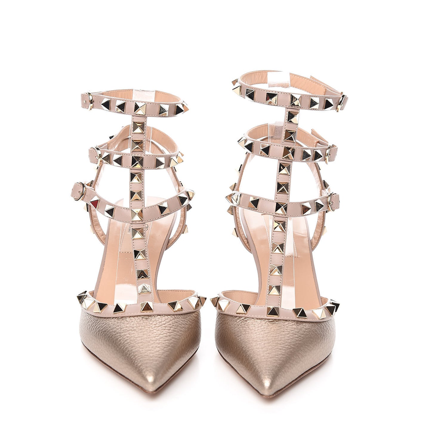 Metallic Pebbled Calfskin Rockstud Ankle Strap 65mm Pumps 35.5 Skin Poudre