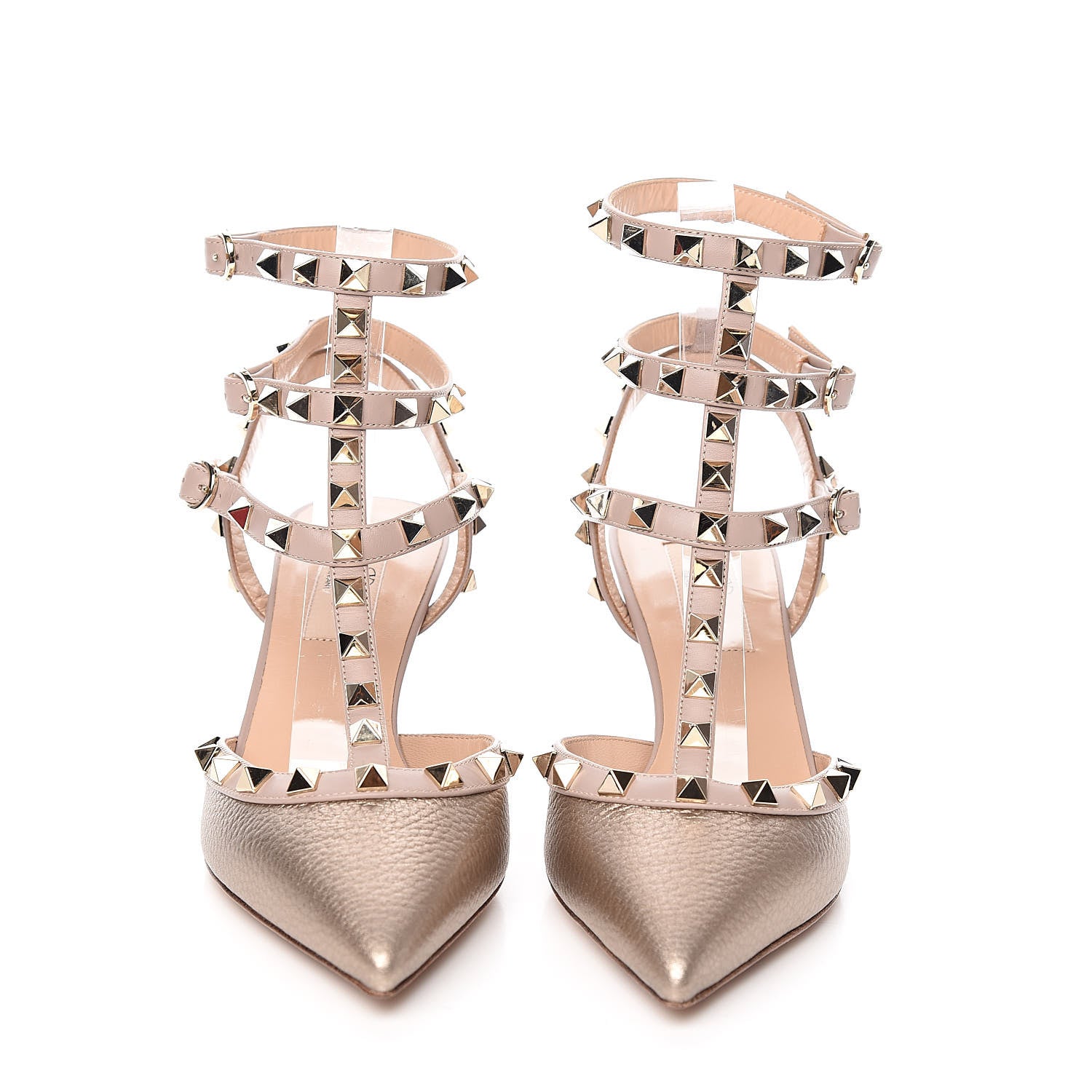 Valentino Garavani Metallic Pebbled Calfskin Rockstud Ankle Strap 65mm Pumps 35.5 Skin Poudre 2 of 9