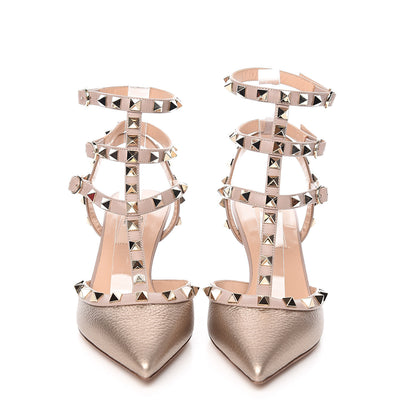 Valentino Garavani Metallic Pebbled Calfskin Rockstud Ankle Strap 65mm Pumps 35.5 Skin Poudre 2 of 9