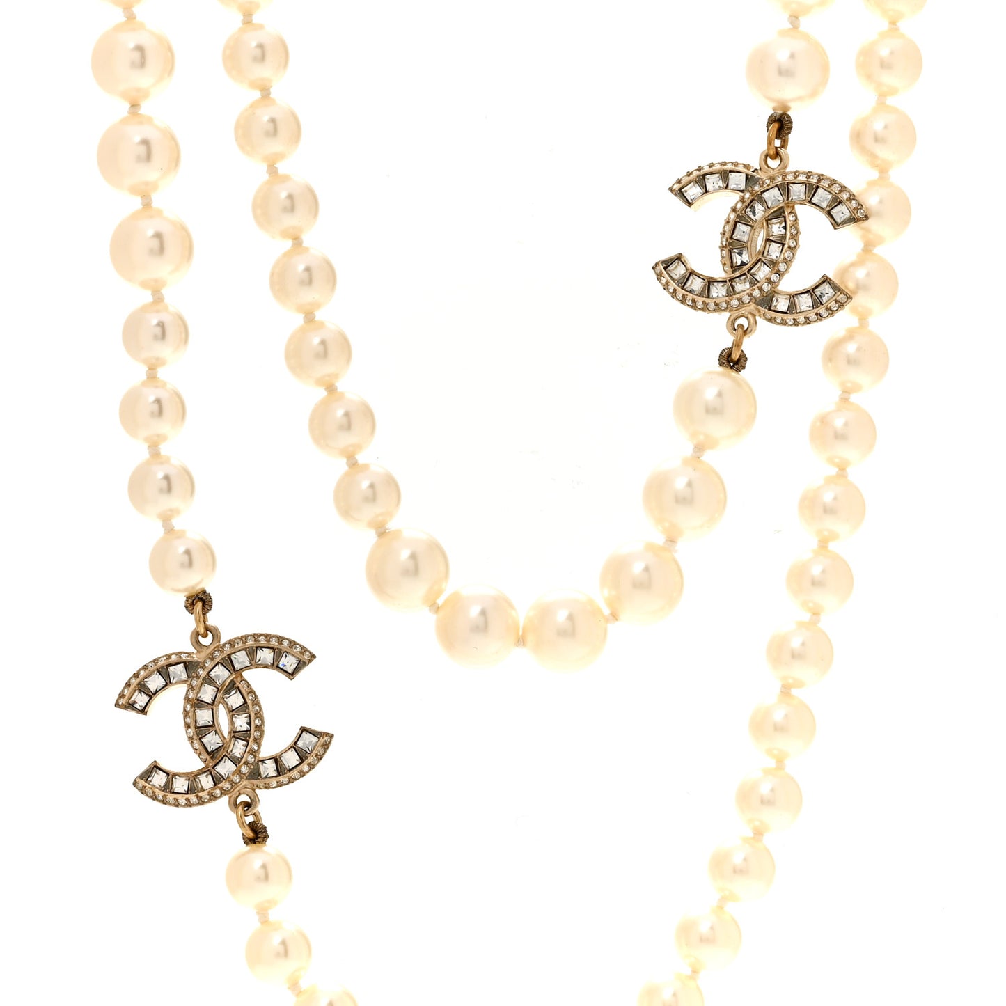 Pearl Baguette Crystal CC Long Necklace Gold