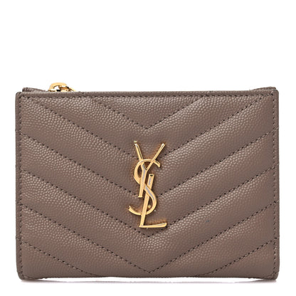Saint Laurent Grain De Poudre Matelasse Chevron Monogram Zipped Two-Part Wallet Dark Latte 1 of 11