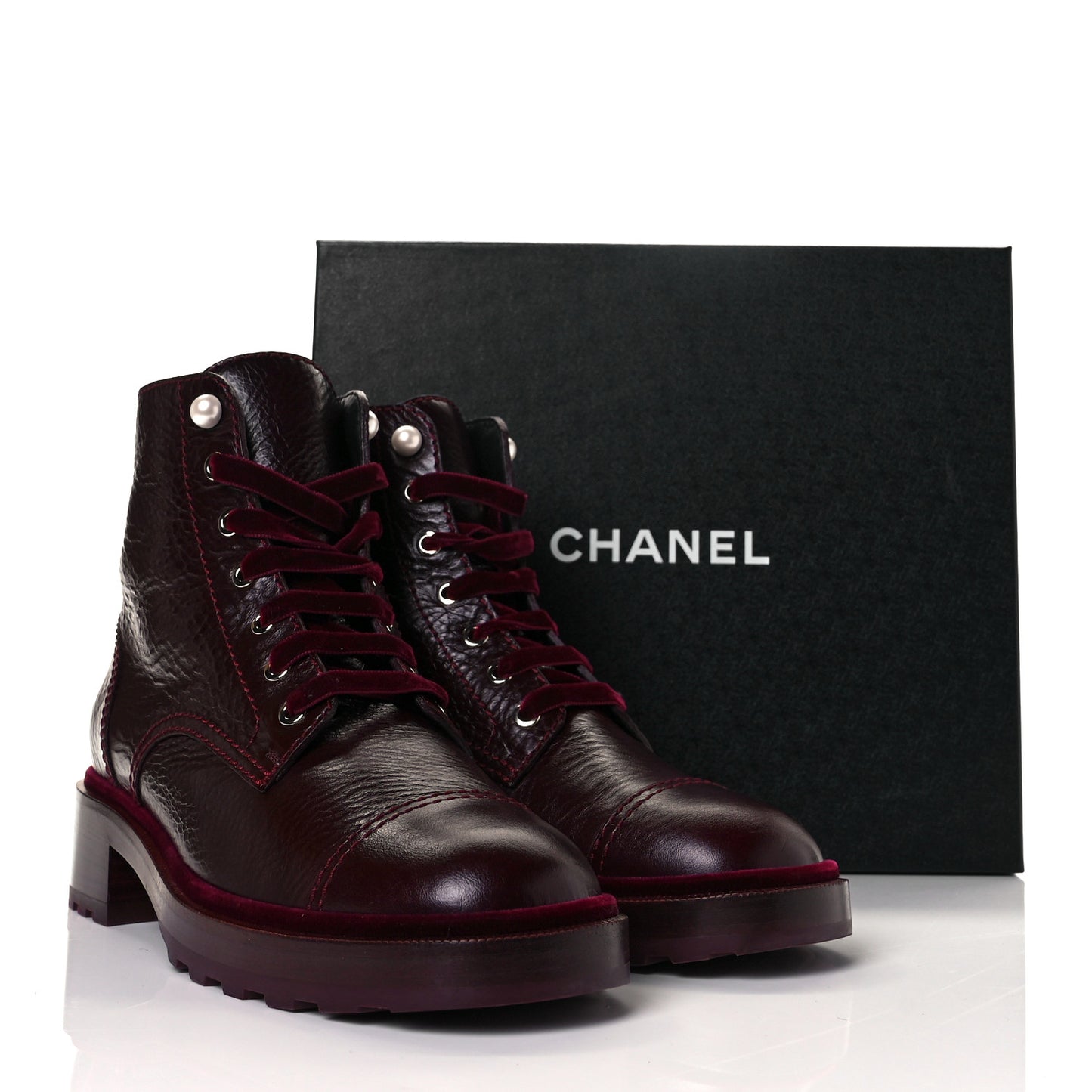 Calfskin Velvet Pearl Combat Short Boots 42 Burgundy
