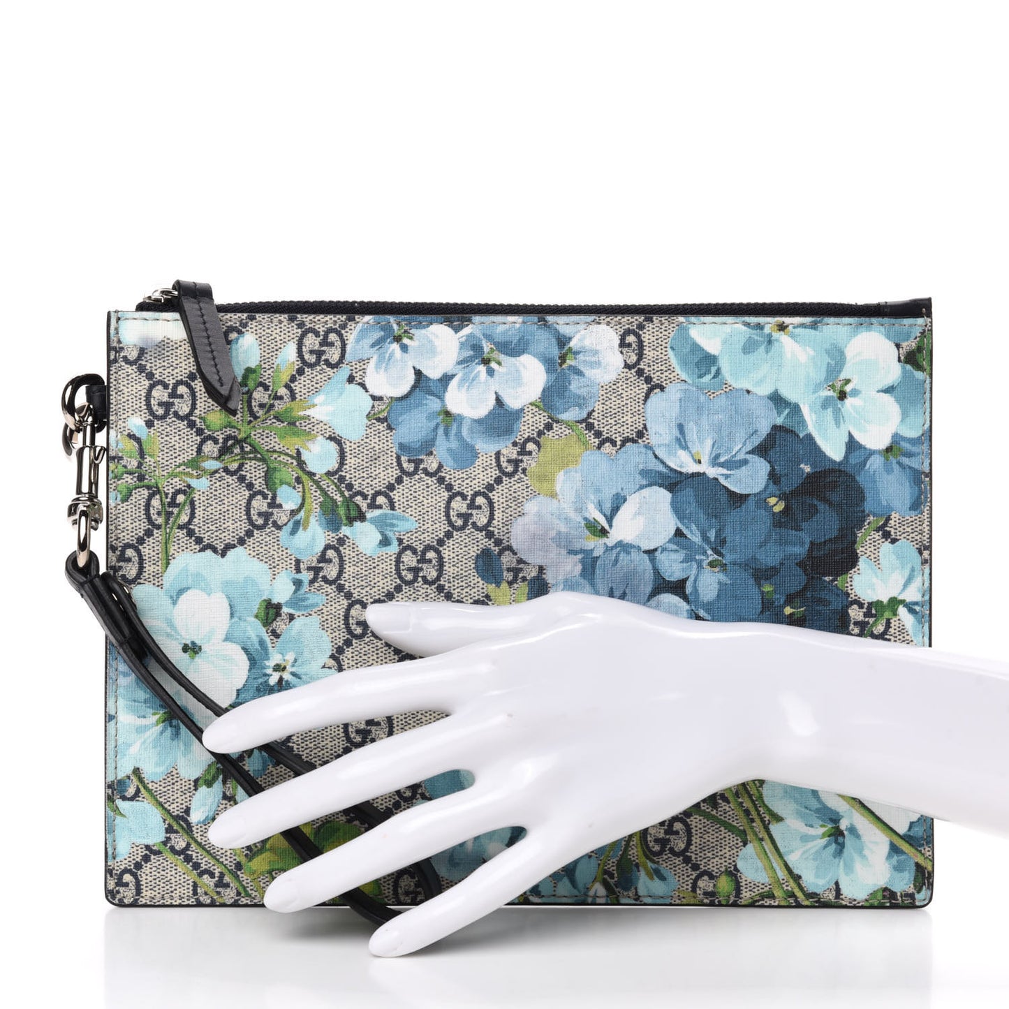 GG Supreme Monogram Blooms Small Zip Wristlet Pouch Beige Blue Black