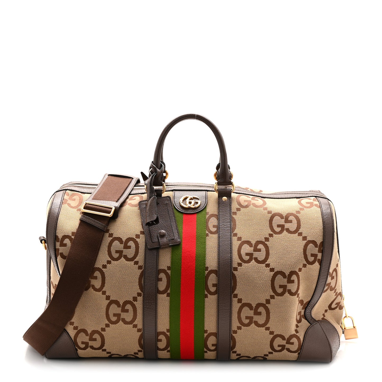 Monogram Jumbo GG Textured Dollar Calfskin Web Large Duffle Bag Camel Ebony