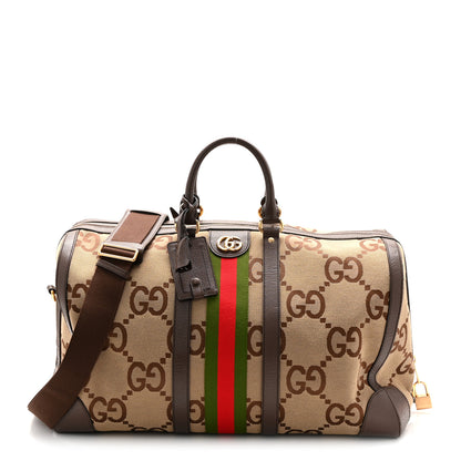 Gucci Monogram Jumbo GG Textured Dollar Calfskin Web Large Duffle Bag Camel Ebony 1 of 12