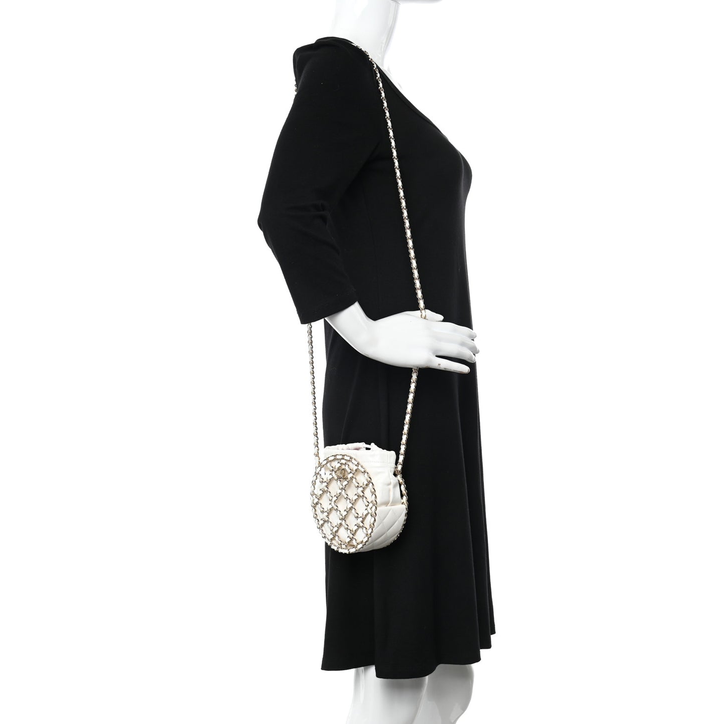 Lambskin Quilted Round Caged Chain Around Crossbody White