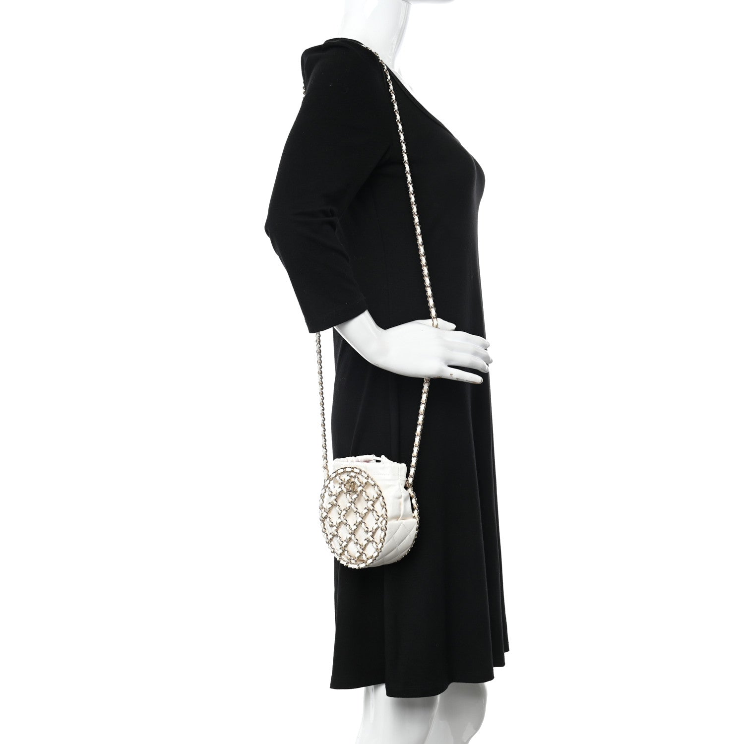 Chanel Lambskin Quilted Round Caged Chain Around Crossbody White 2 of 10