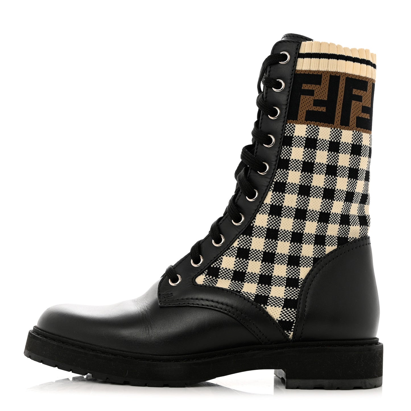 Vitello Stretch Fabric FF Vichy Rockoko Biker Boots 37 Black Crema Tobacco