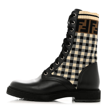 Fendi Vitello Stretch Fabric FF Vichy Rockoko Biker Boots 37 Black Crema Tobacco 1 of 8