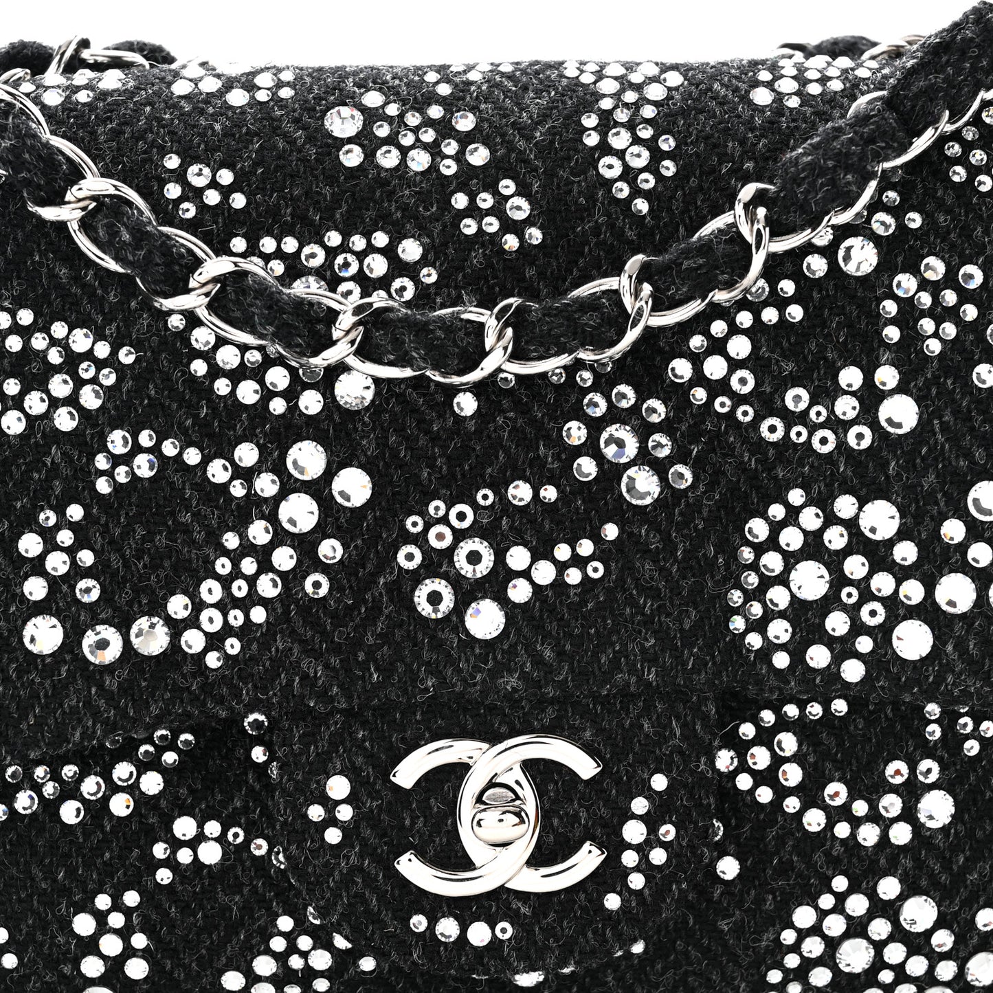 Tweed Swarovski Crystal Leopard Jumbo Flap  Black