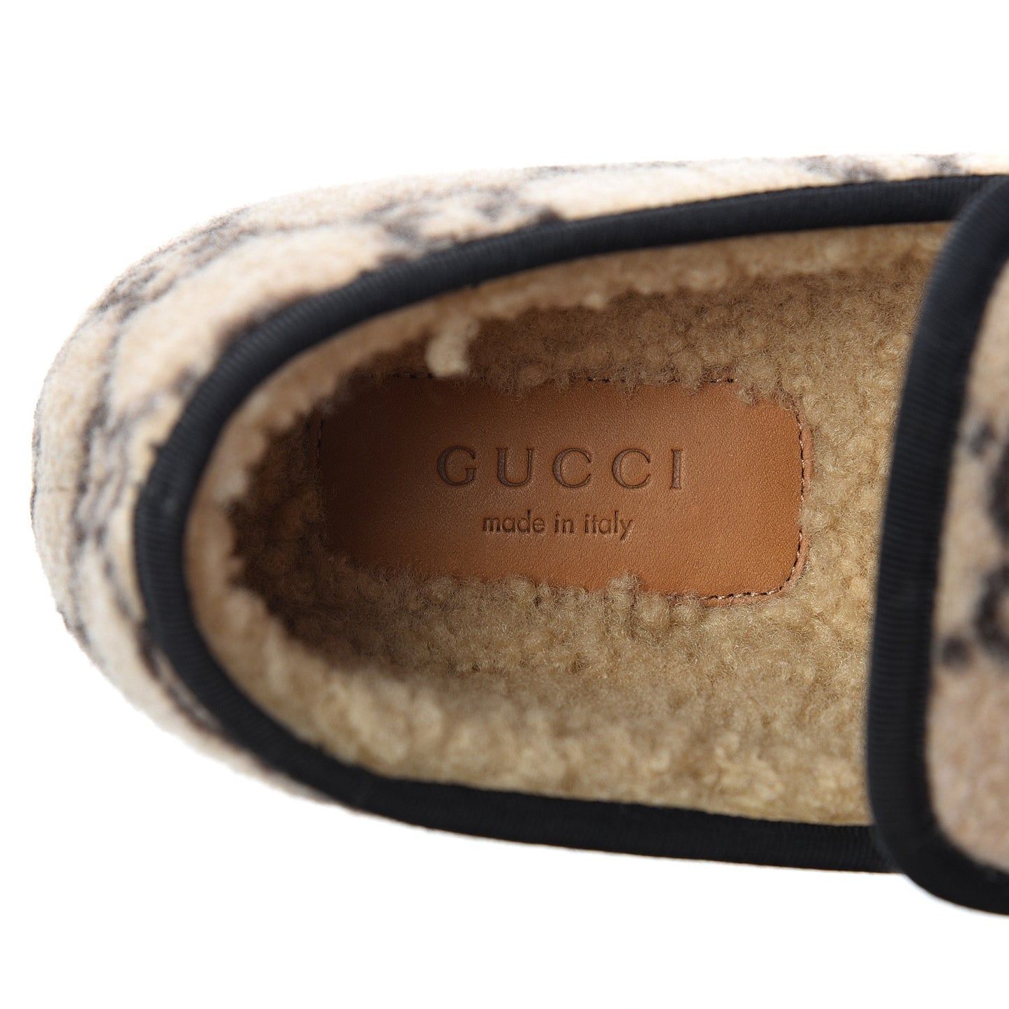 Covered Wool GG Monogram Womens Fria Horsebit Loafers 37 Beige Ebony Black Butterscotch