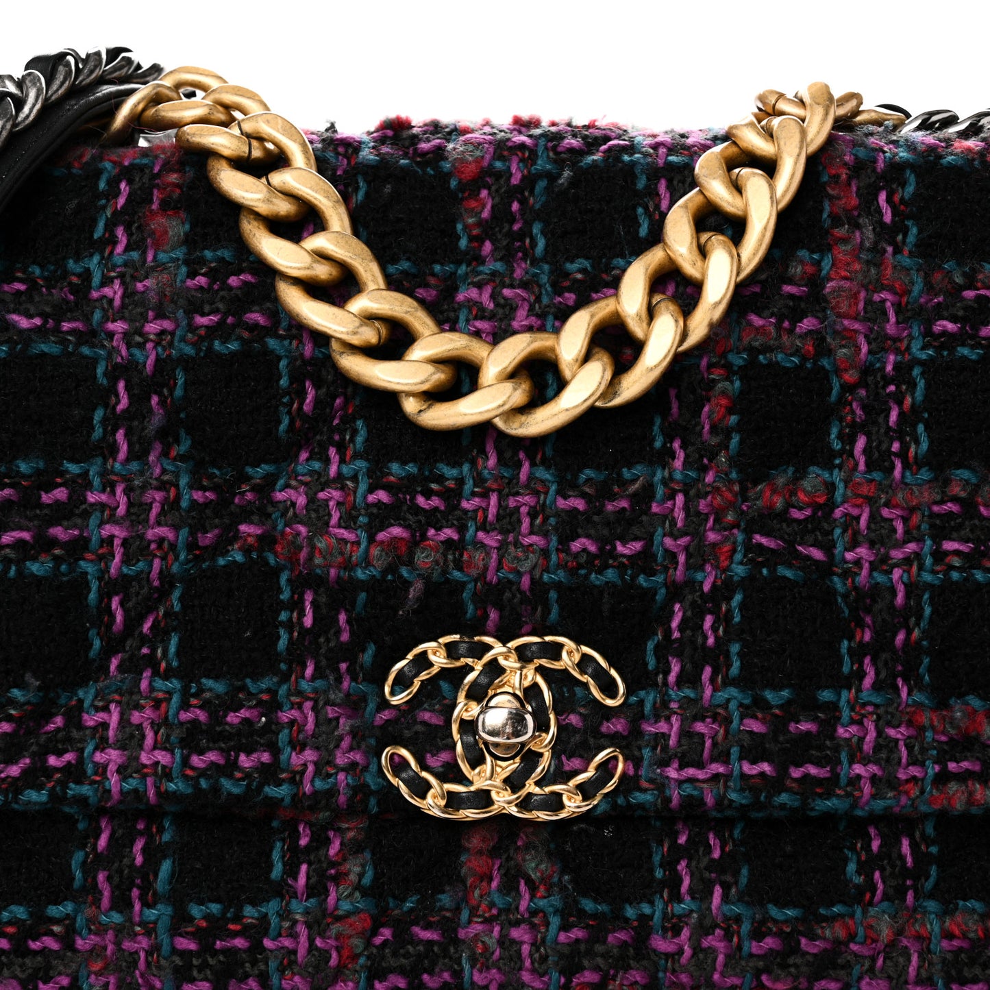 Tweed Quilted Large Chanel 19 Flap Black Blue Purple