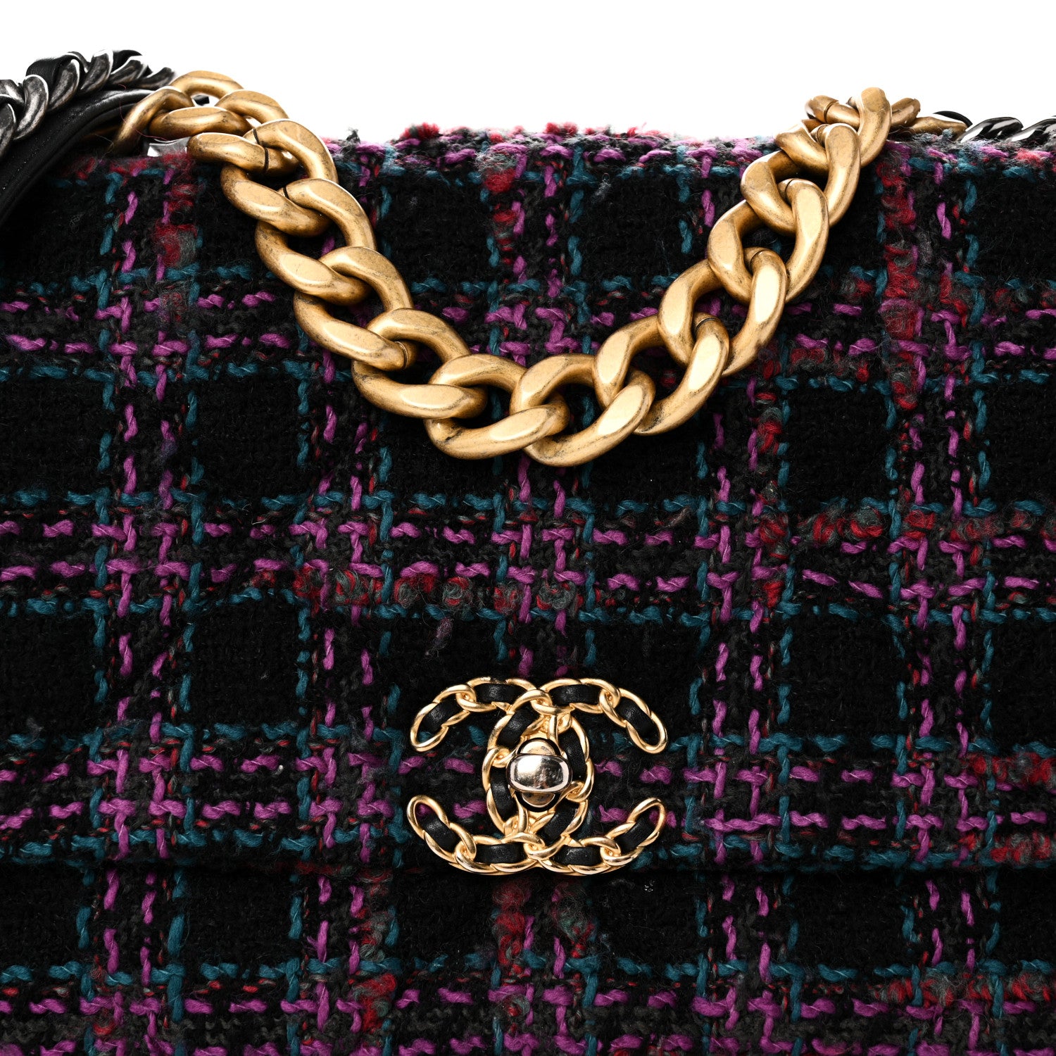 Chanel Tweed Quilted Large Chanel 19 Flap Black Blue Purple 8 of 10