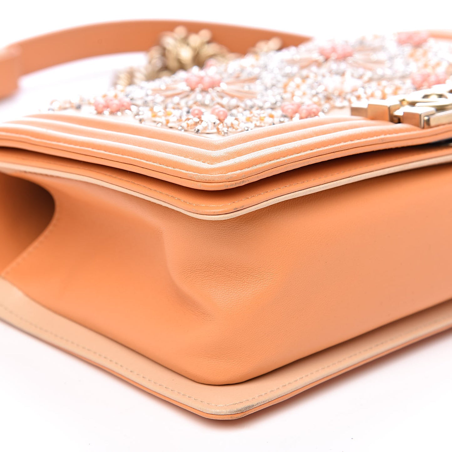 Lambskin Glass Embroidered Medium Boy Flap Apricot