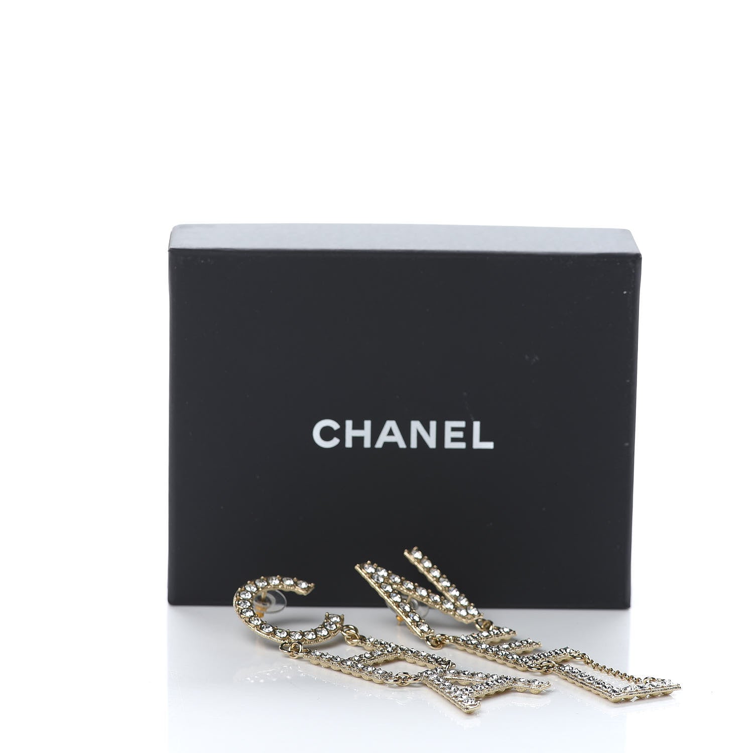 Chanel Crystal Cha-Nel Logo Drop Earrings Gold 5 of 5