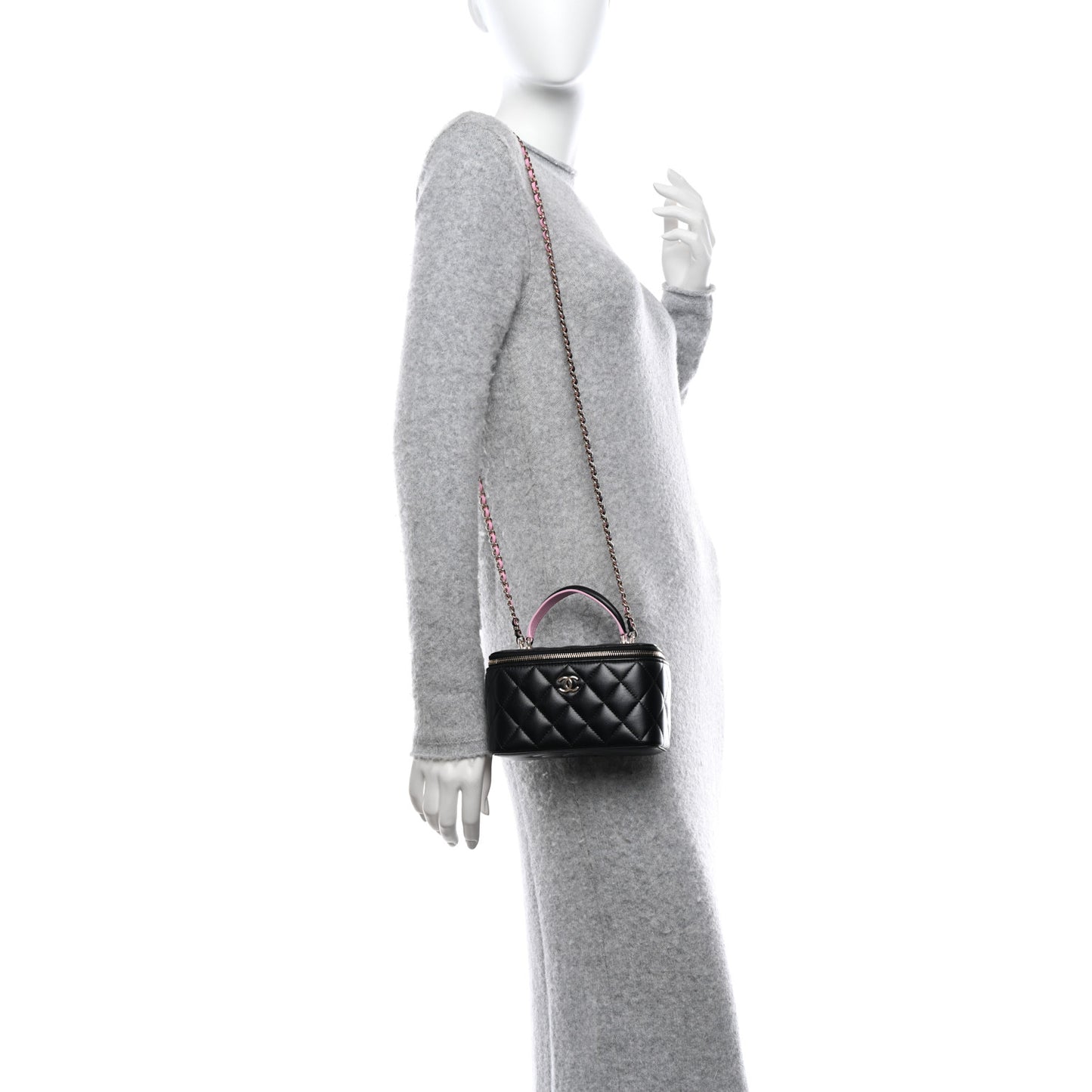 Lambskin Quilted Small Top Handle Vanity Case With Chain Black Lilac