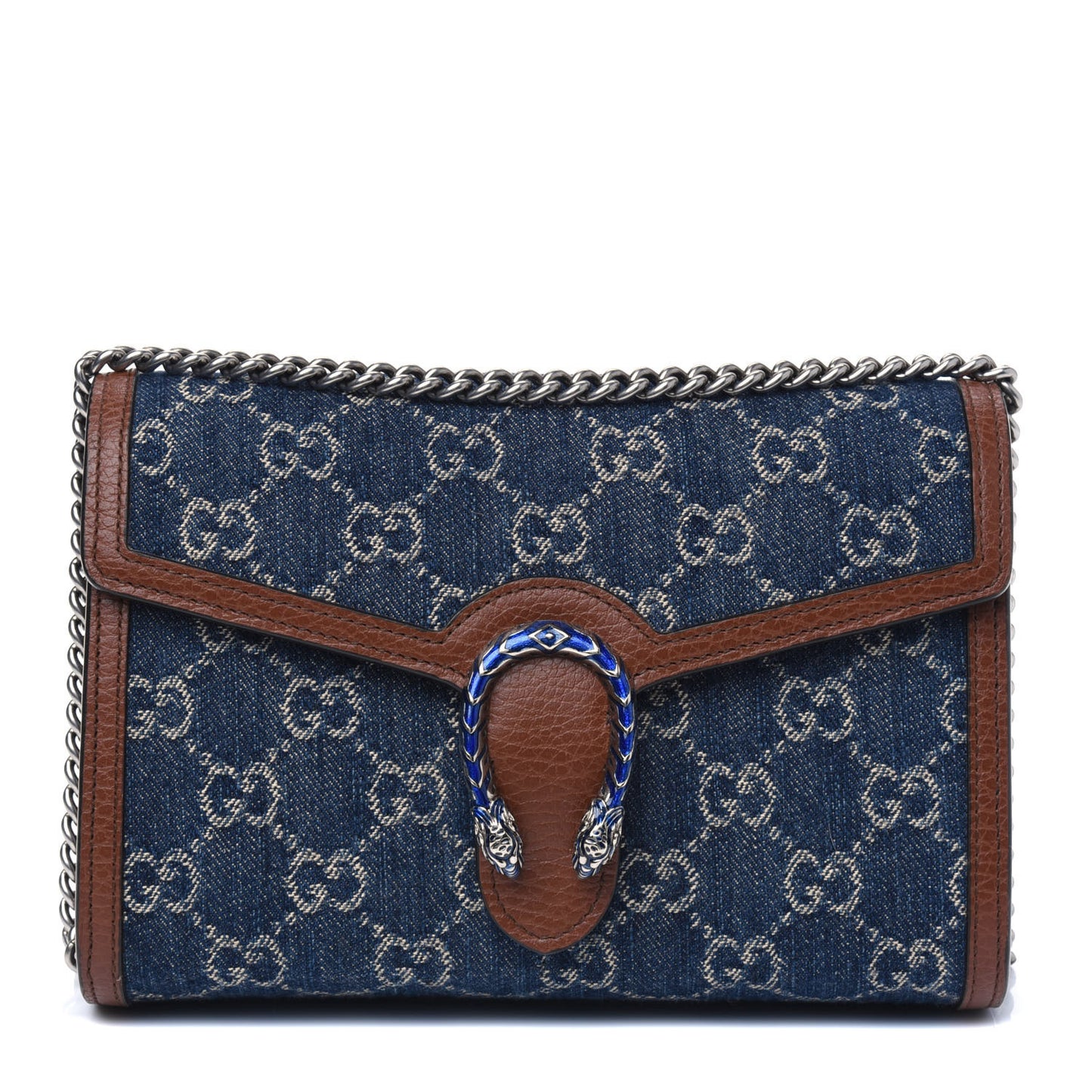 New Denim GG Monogram Dollar Calfskin Enamel Mini Dionysus Chain Wallet Blue Tea Cuir Epilog Electric Blue