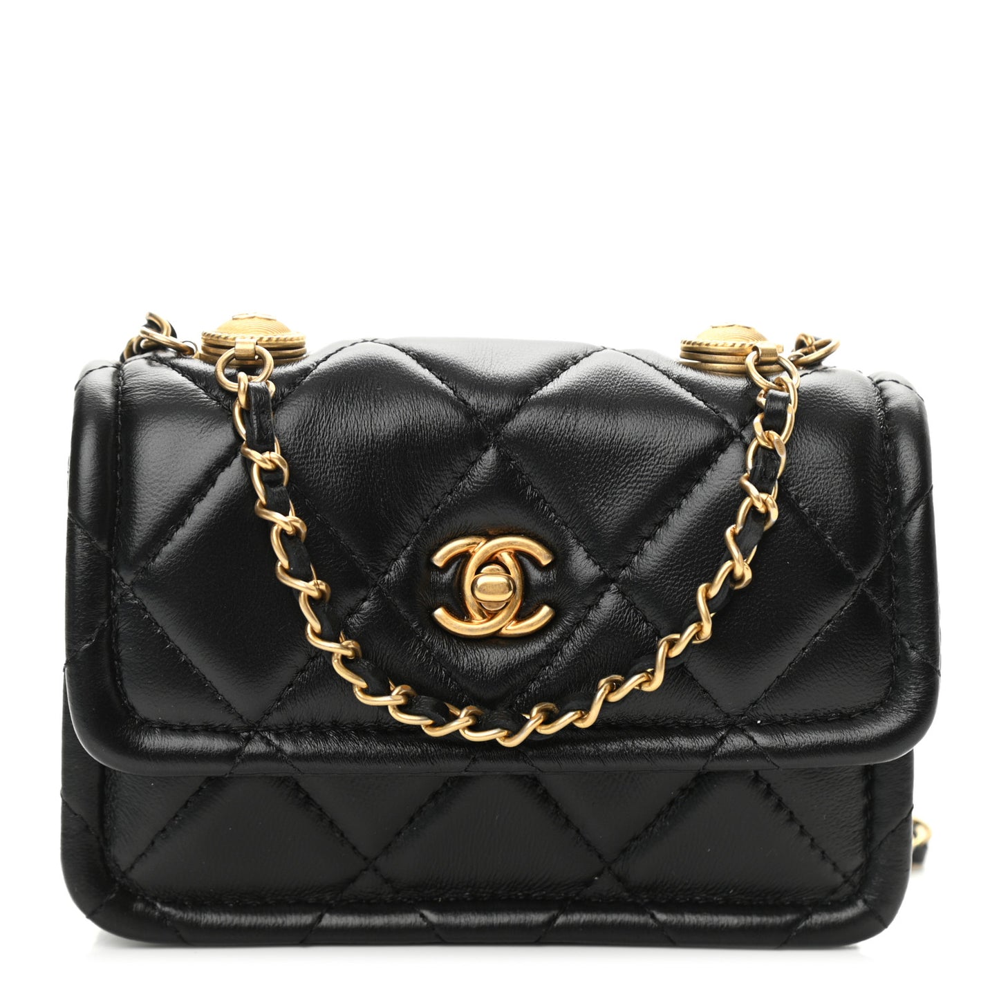 Shiny Lambskin Quilted Extra Mini Flap Black