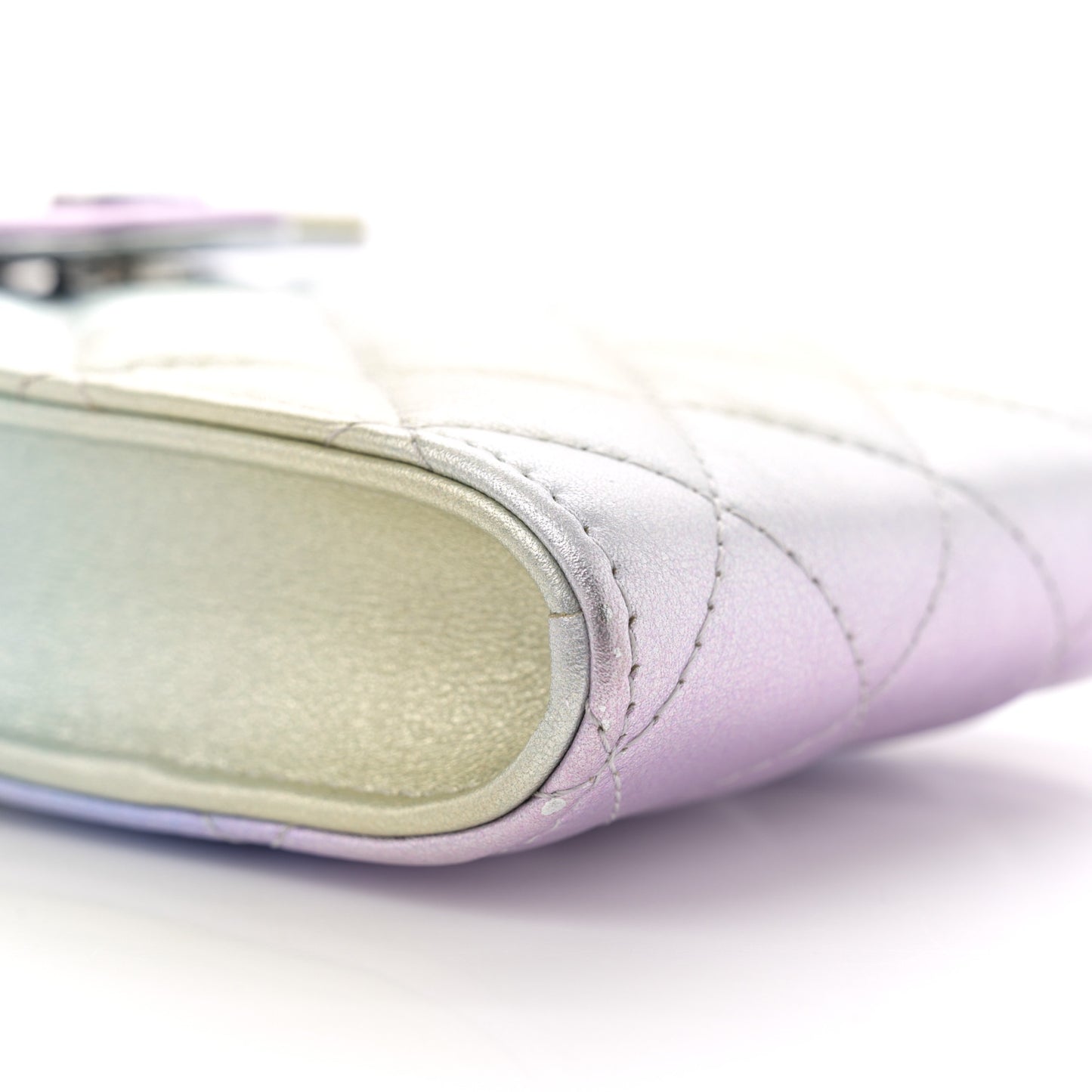 Gradient Metallic Calfskin Quilted CC Phone Holder Silver Blue Yellow Purple