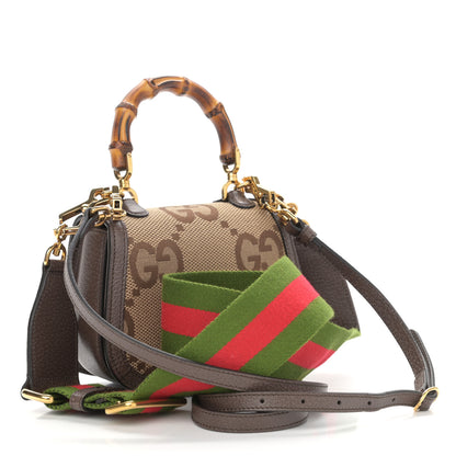 Gucci Monogram Jumbo GG Textured Dollar Calfskin Web Mini Bamboo 1947 Top Handle Bag Camel Ebony New Acero 3 of 11