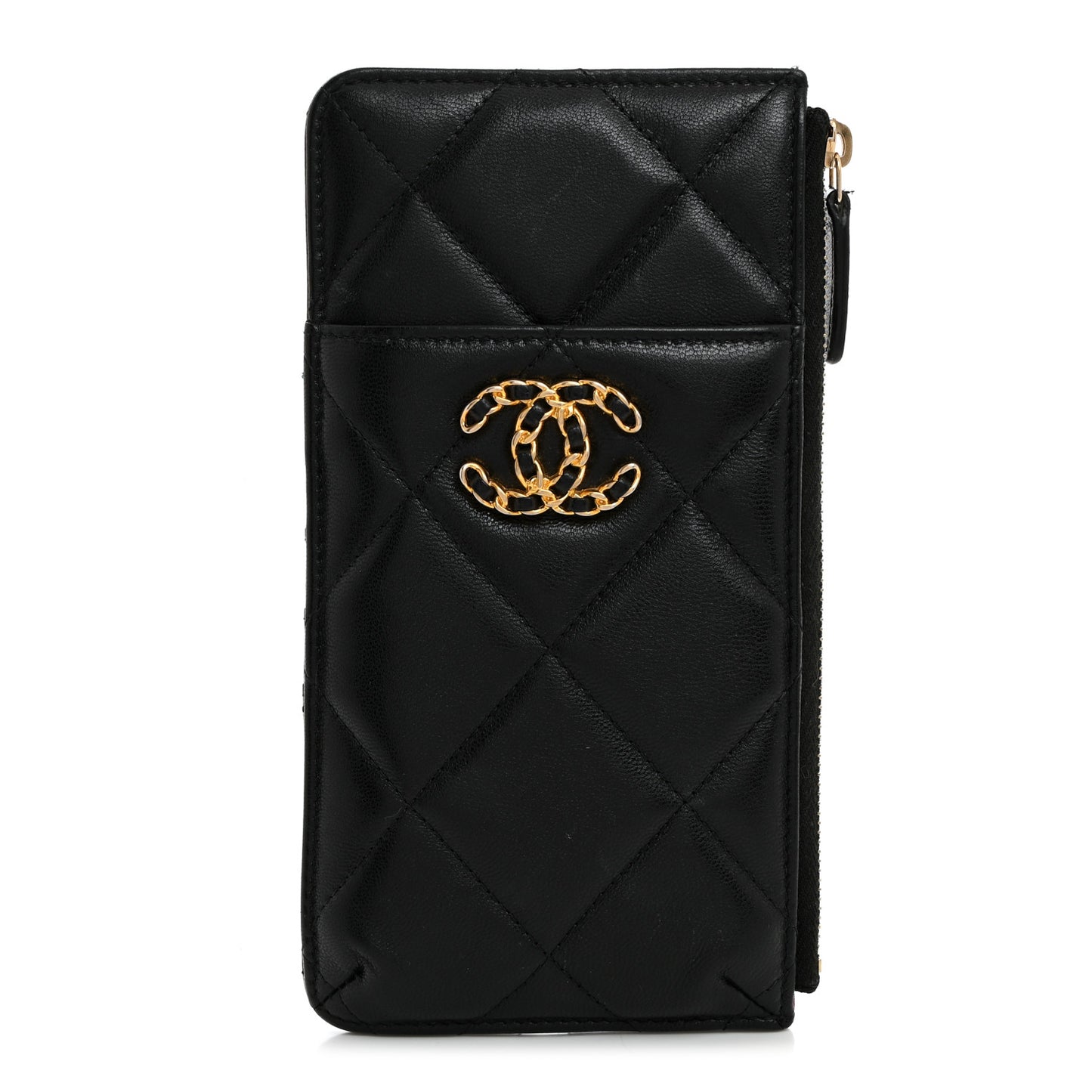 Goatskin Quilted Chanel 19 Flat Wallet Pouch Black