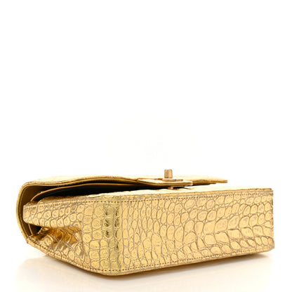 Chanel Metallic Calfskin Crocodile Embossed Cocodile Small Double Flap  Gold 4 of 10