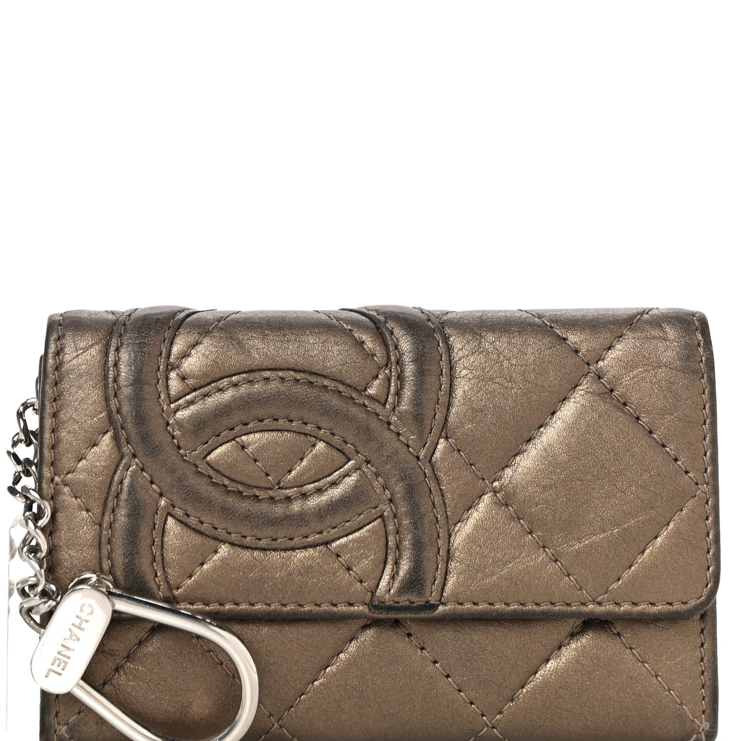 Metallic Calfskin Quilted Cambon Key Holder Case Bronze