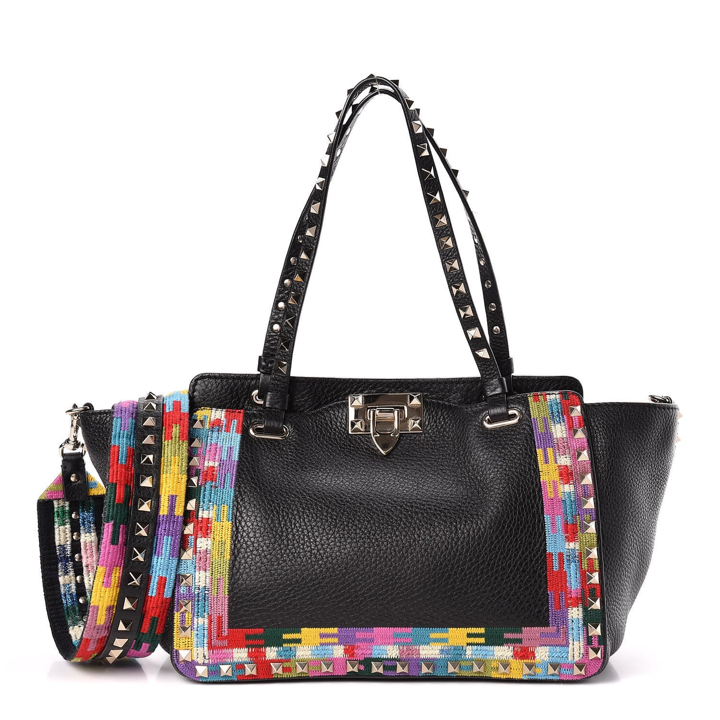 Grained Calfskin Embroidered Small Rockstud Rolling Tote Black