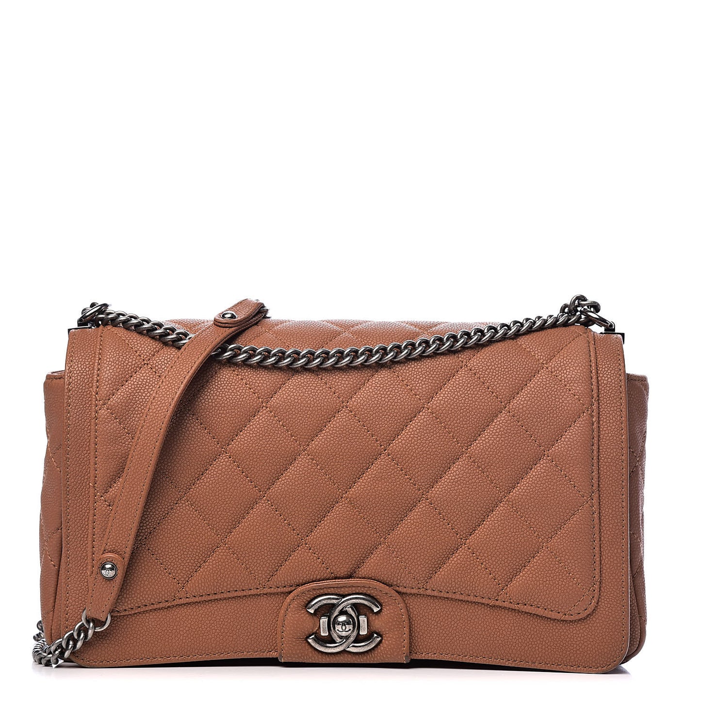 Washed Caviar Quilted Large Turn Around Ligne Flap Camel