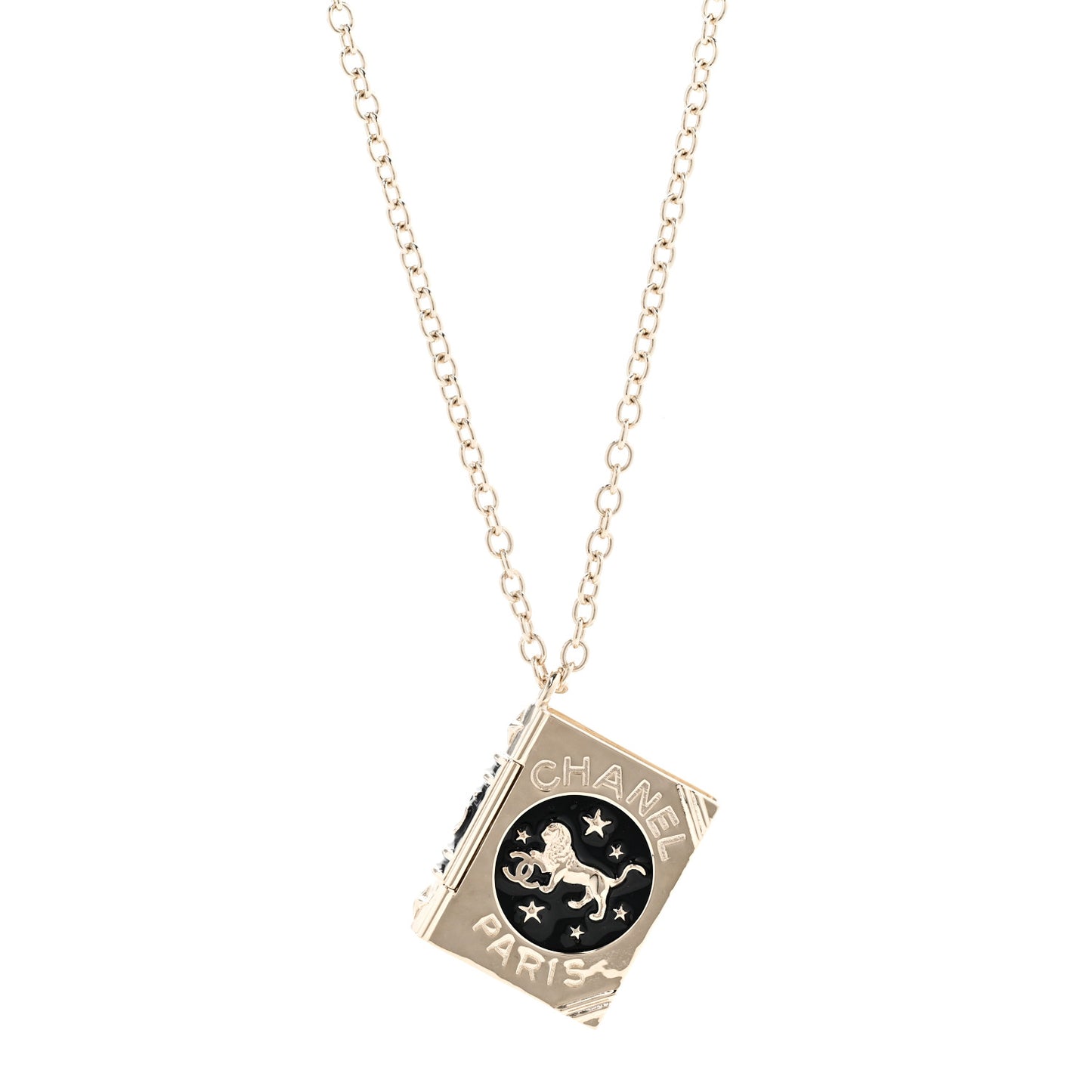 Metal CC Lion Book Locket Necklace Gold
