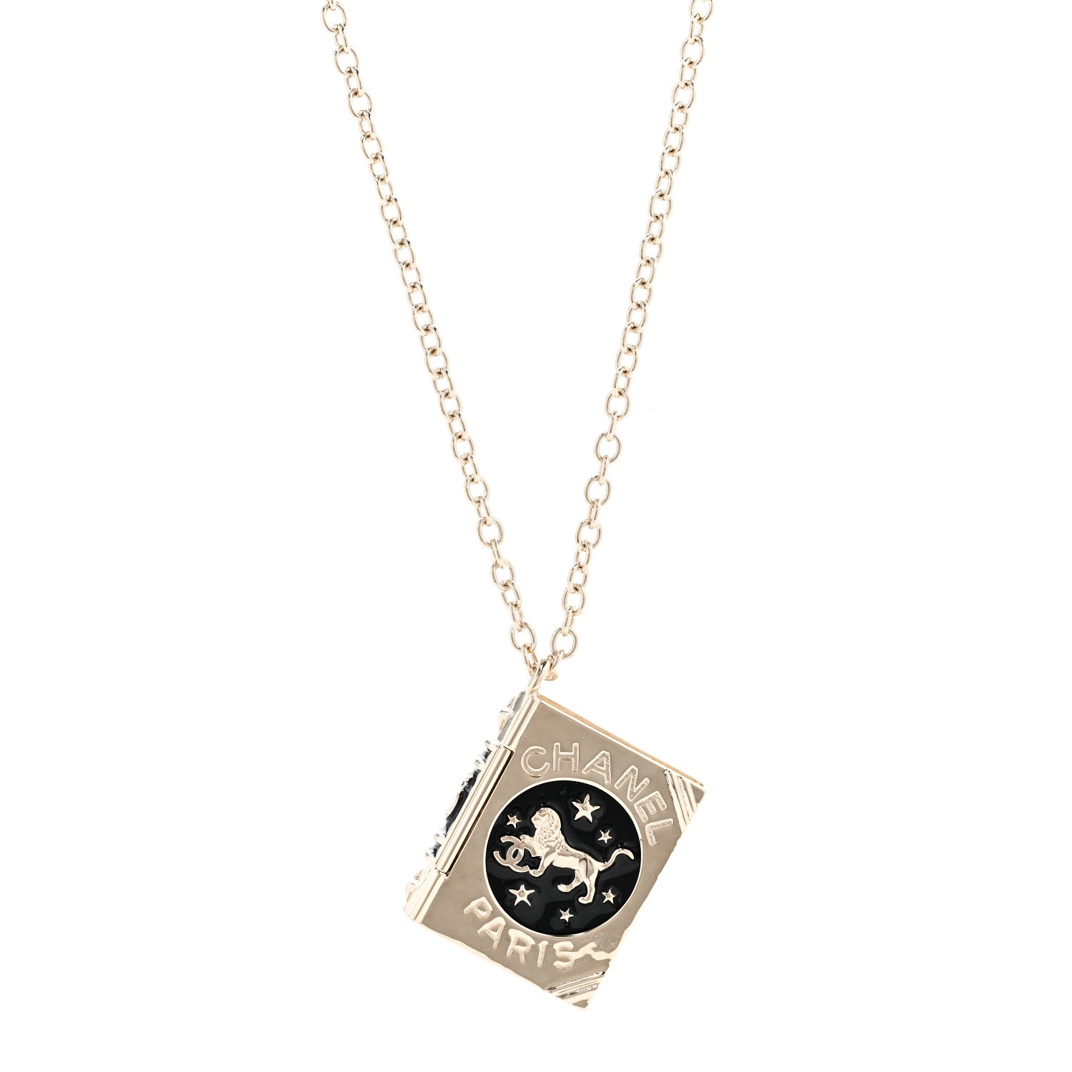 Chanel Metal CC Lion Book Locket Necklace Gold 1 of 7