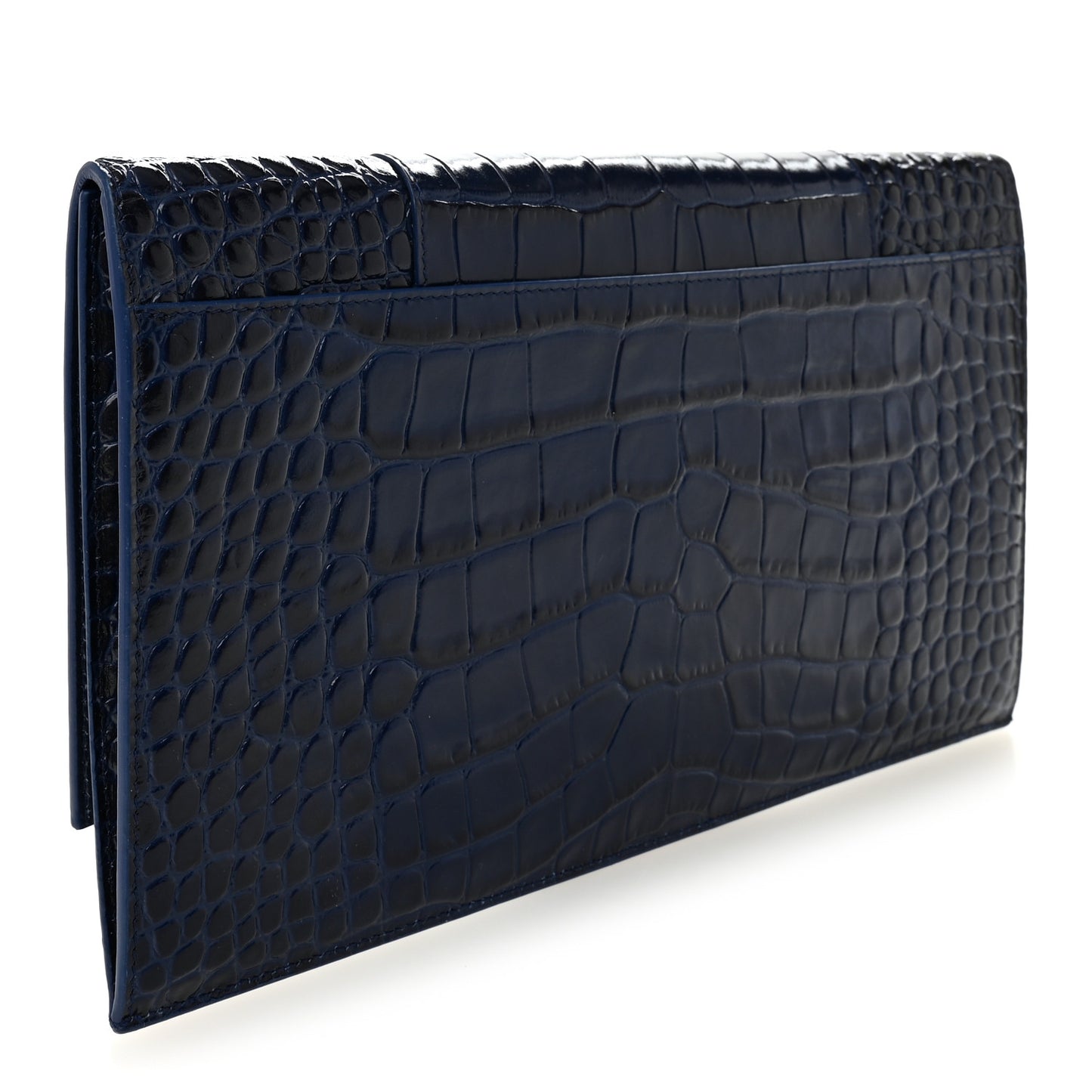 Shiny Calfskin Crocodile Embossed Hourglass Flap Flat Pouch Navy Blue