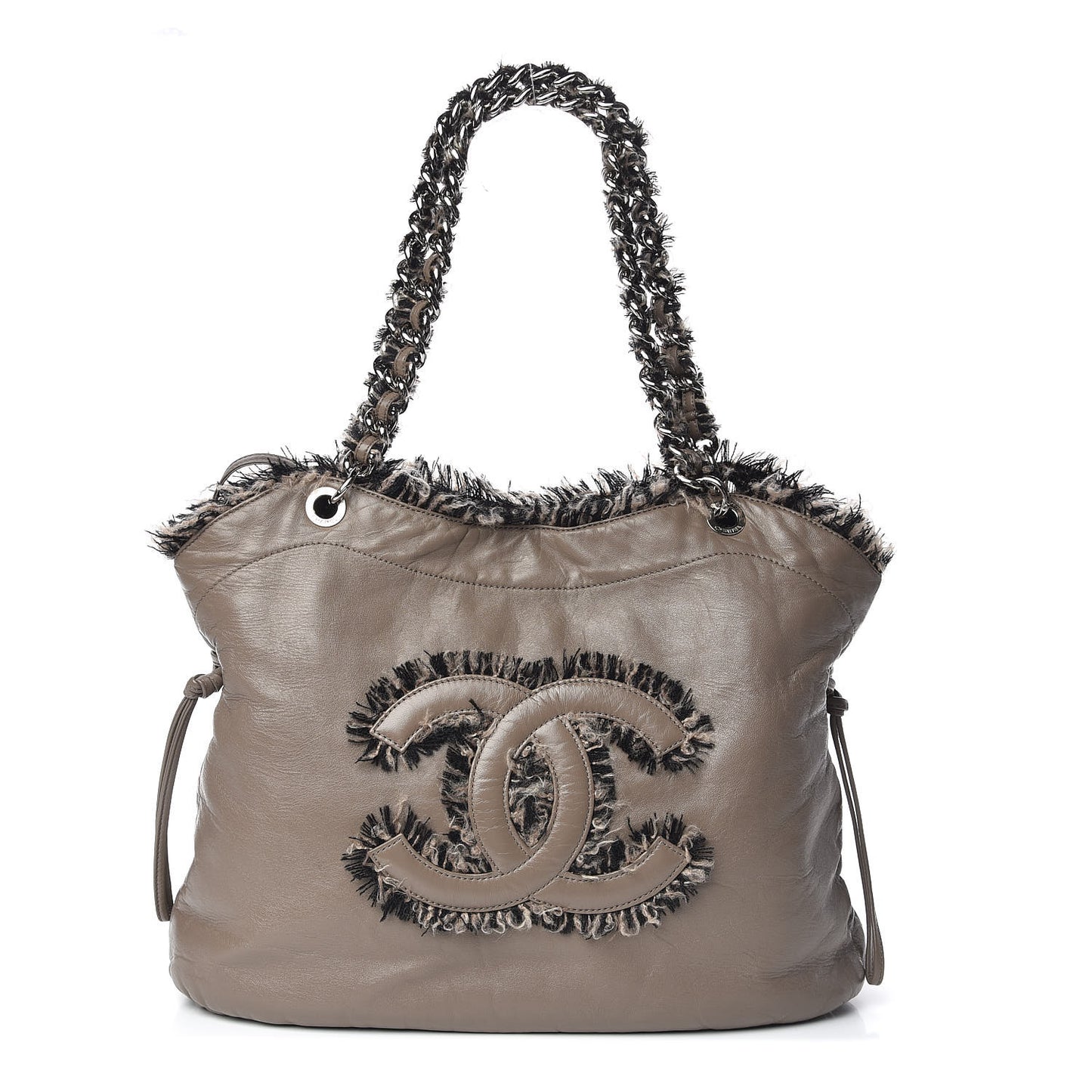 Tweed Lambskin Drawstring Tweedy Tote Taupe
