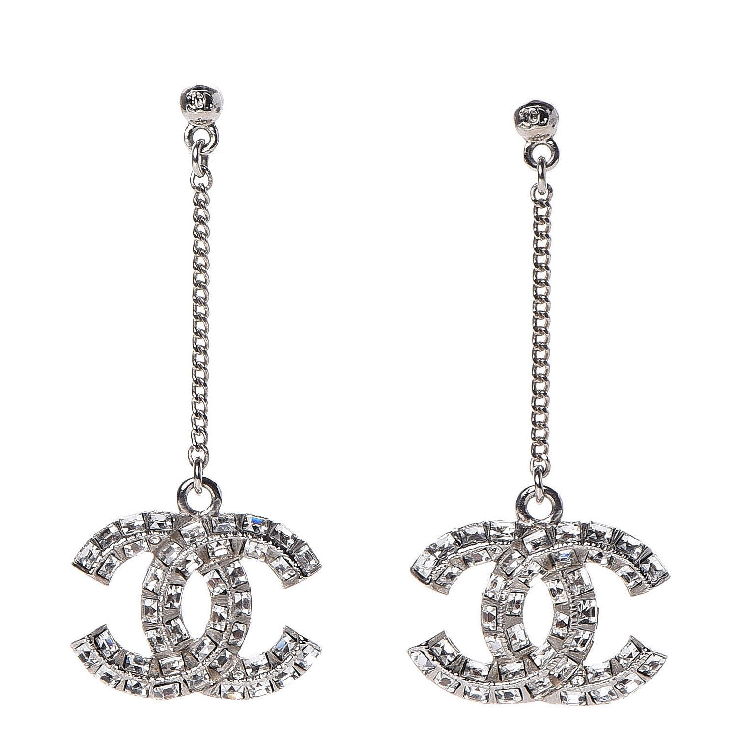 Chanel Baguette Crystal CC Drop Earrings Silver 1 of 4