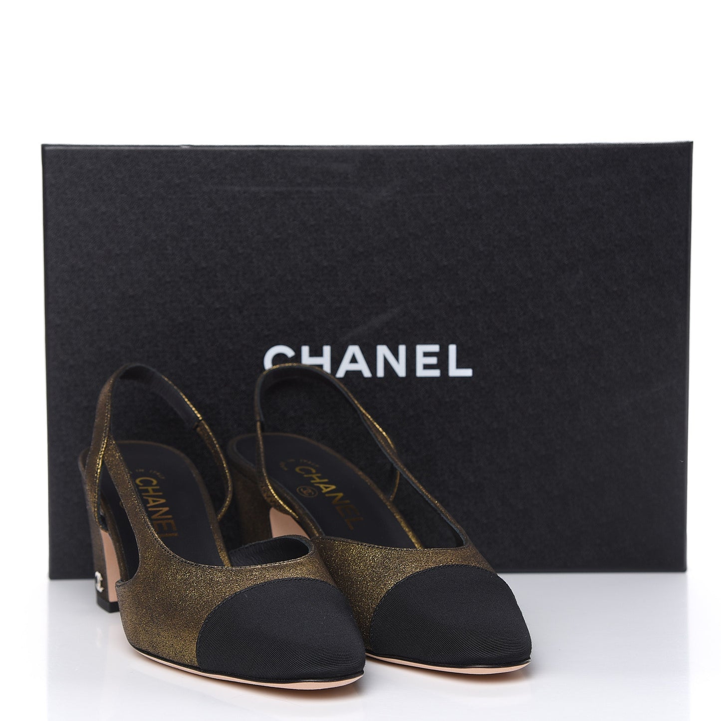 Metallic Lambskin Grosgrain Cap Toe CC Slingback Pumps 37.5 Gold Black