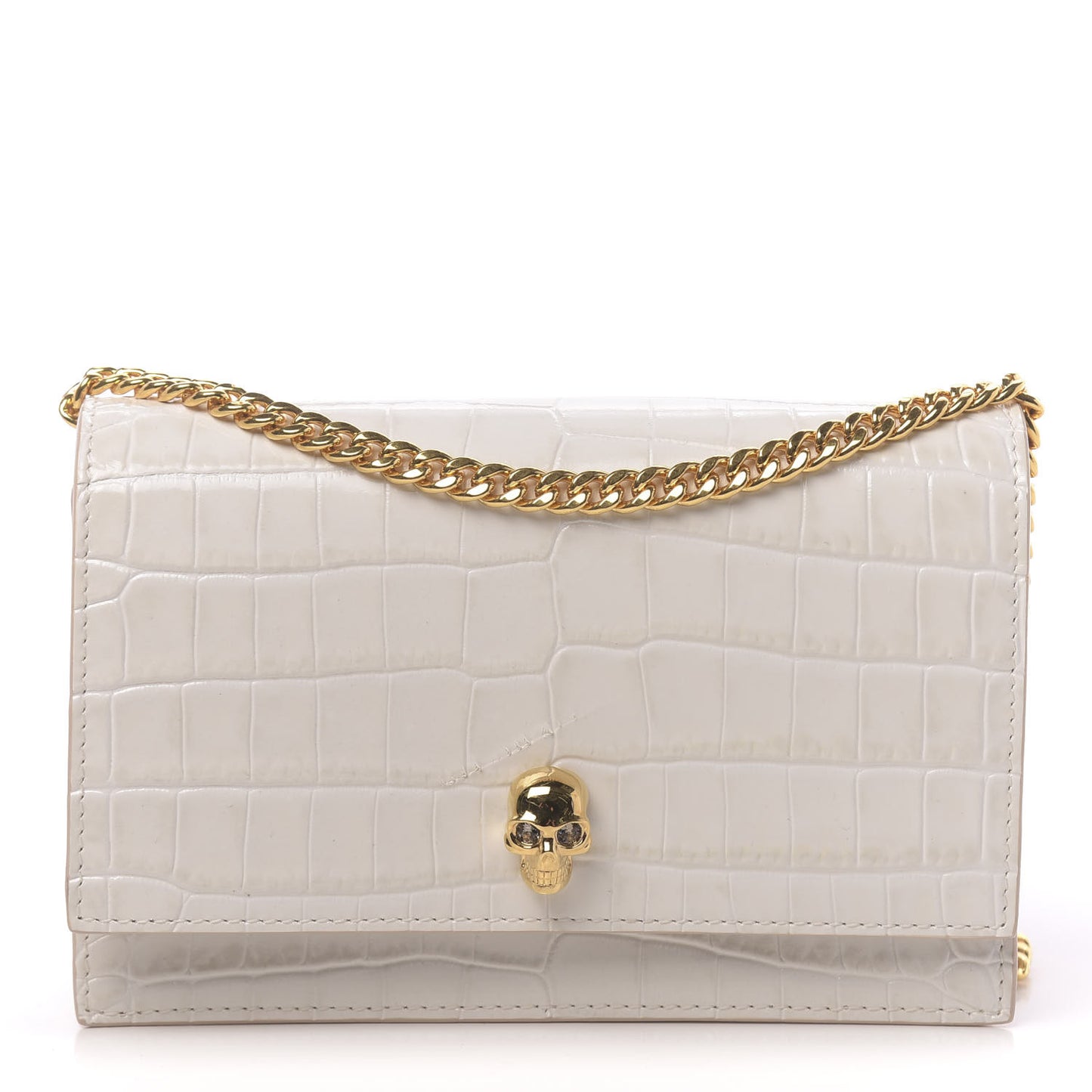Calfskin Crocodile Embossed Skull Mini Crossbody Bag White