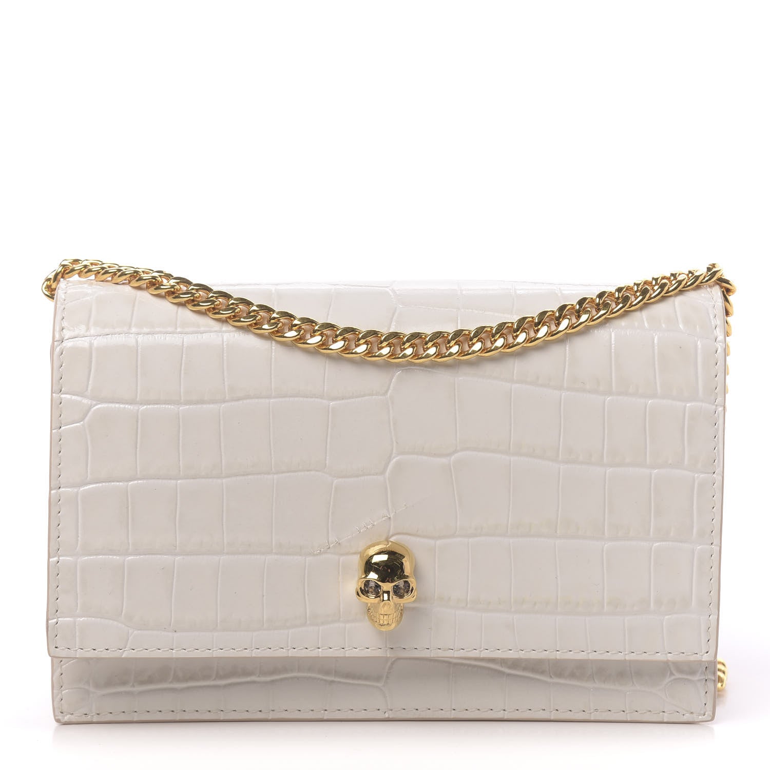 Alexander McQueen Calfskin Crocodile Embossed Skull Mini Crossbody Bag White 1 of 11