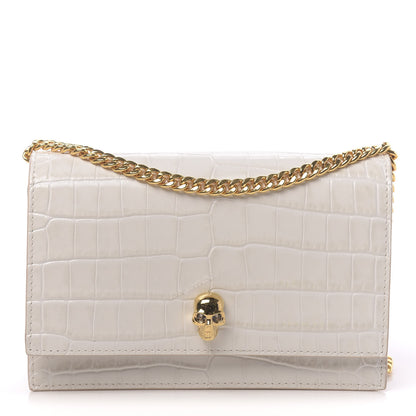 Alexander McQueen Calfskin Crocodile Embossed Skull Mini Crossbody Bag White 1 of 11
