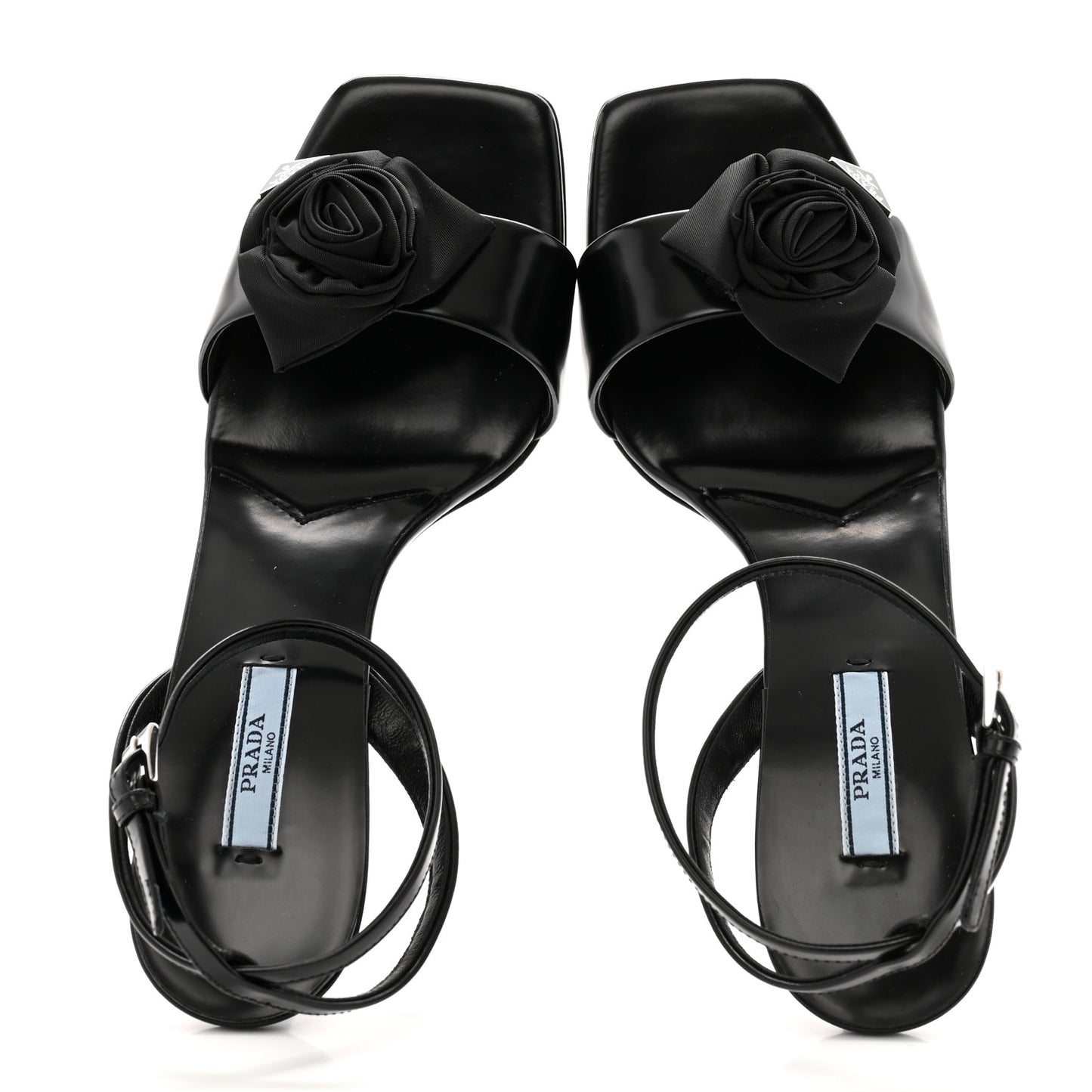 Vernice Nylon Flower Metal Triangle Logo Open Toe 65mm Sandals 38.5 Black