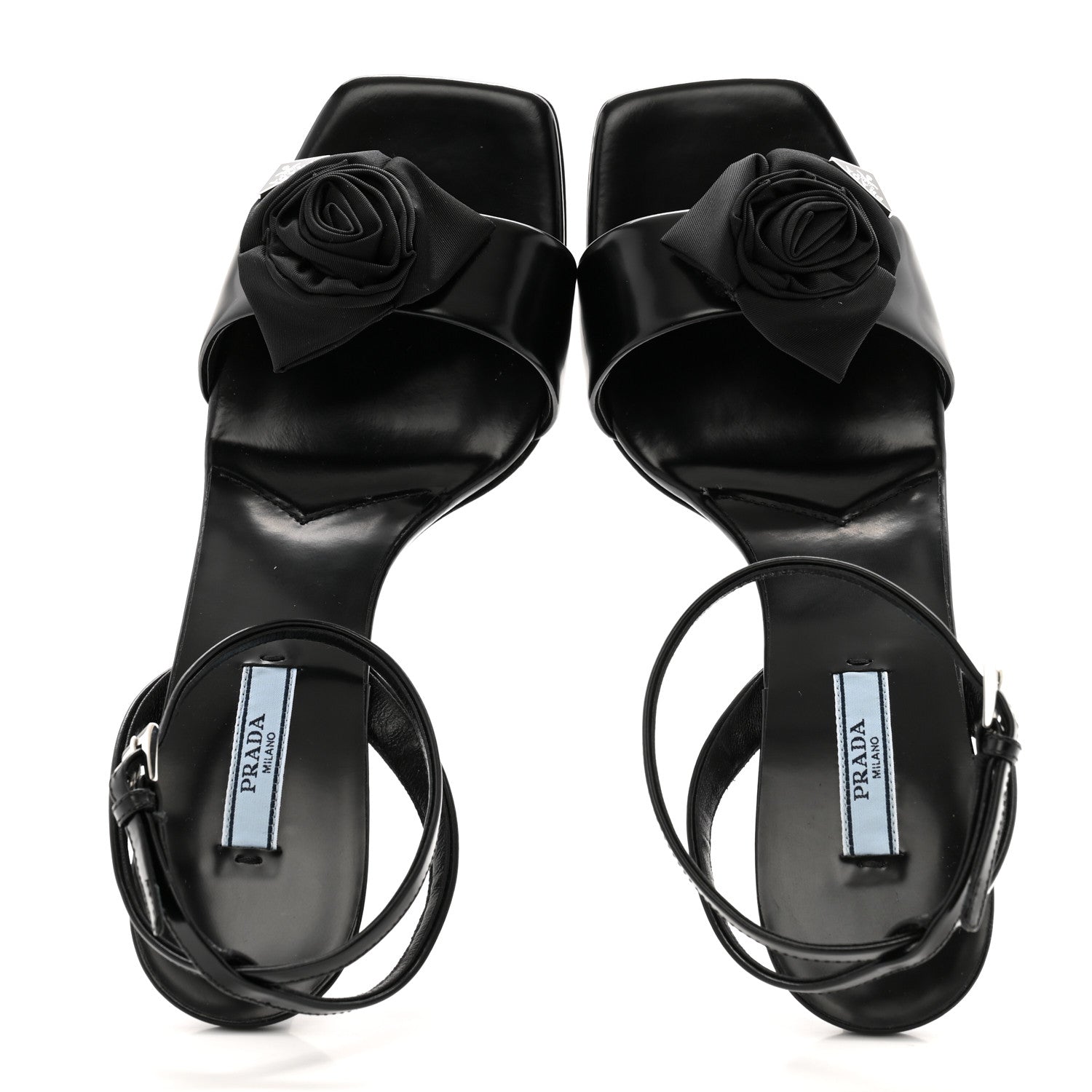 Prada Vernice Nylon Flower Metal Triangle Logo Open Toe 65mm Sandals 38.5 Black 2 of 10