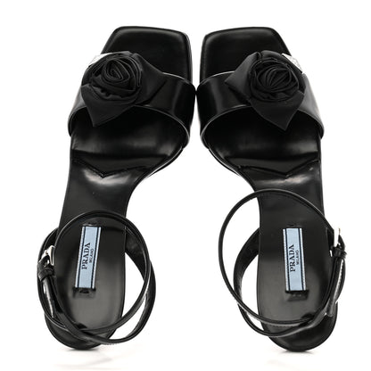 Prada Vernice Nylon Flower Metal Triangle Logo Open Toe 65mm Sandals 38.5 Black 2 of 10