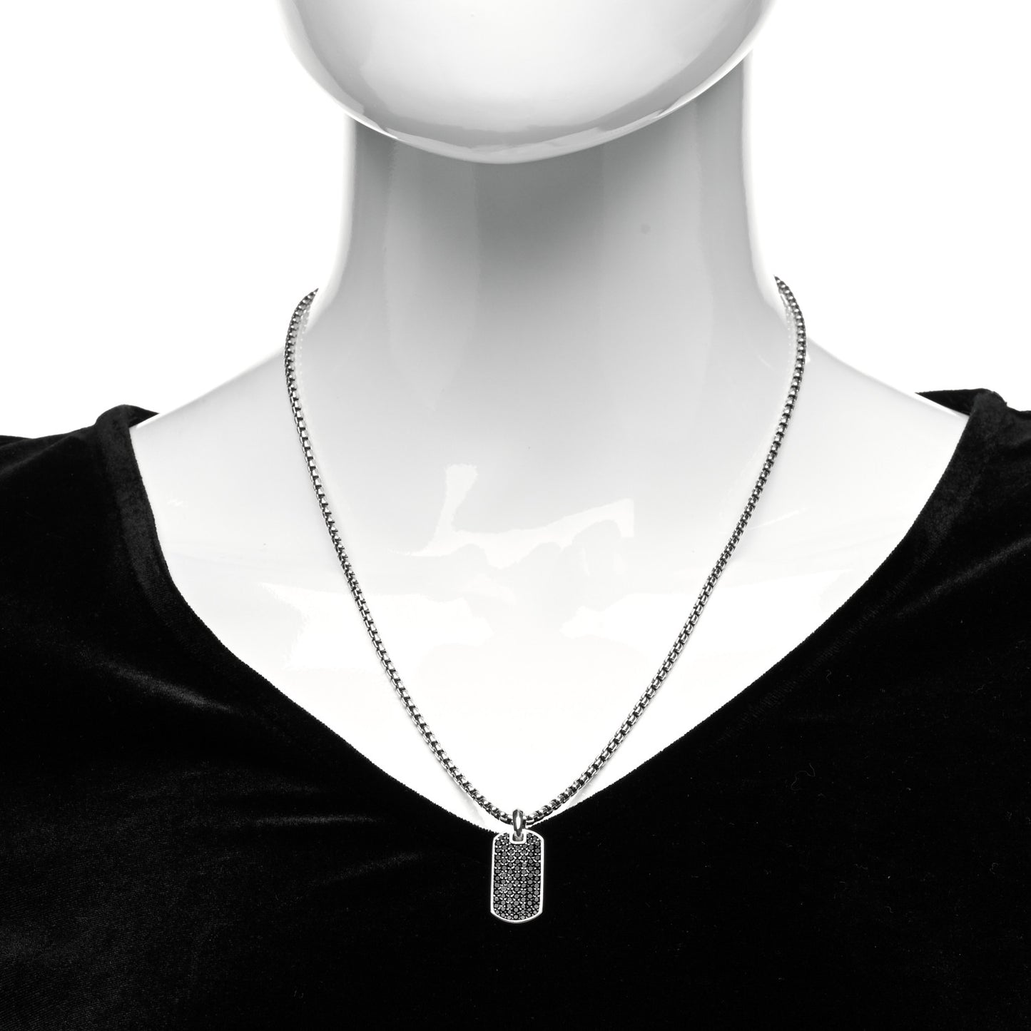 Sterling Silver Black Diamond 29mm Streamline Pave Tag Pendant Necklace