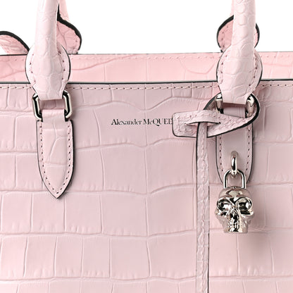 Alexander McQueen Calfskin Crocodile Embossed Small Skull Padlock Zip Around Tote Pink 8 of 10
