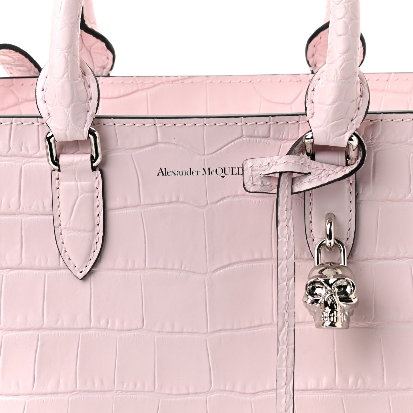 Calfskin Crocodile Embossed Small Skull Padlock Zip Around Tote Pink